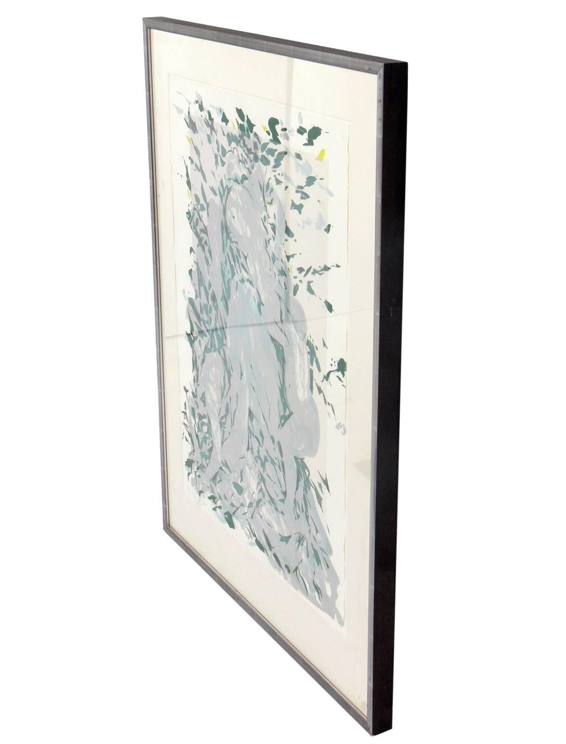 Abstract lithograph by Elaine de Kooning, American, circa 1977. Signed and dated by the artist, from a very limited edition, this is number 30 of only 70 executed. Retains it's period silver leafed wood frame.