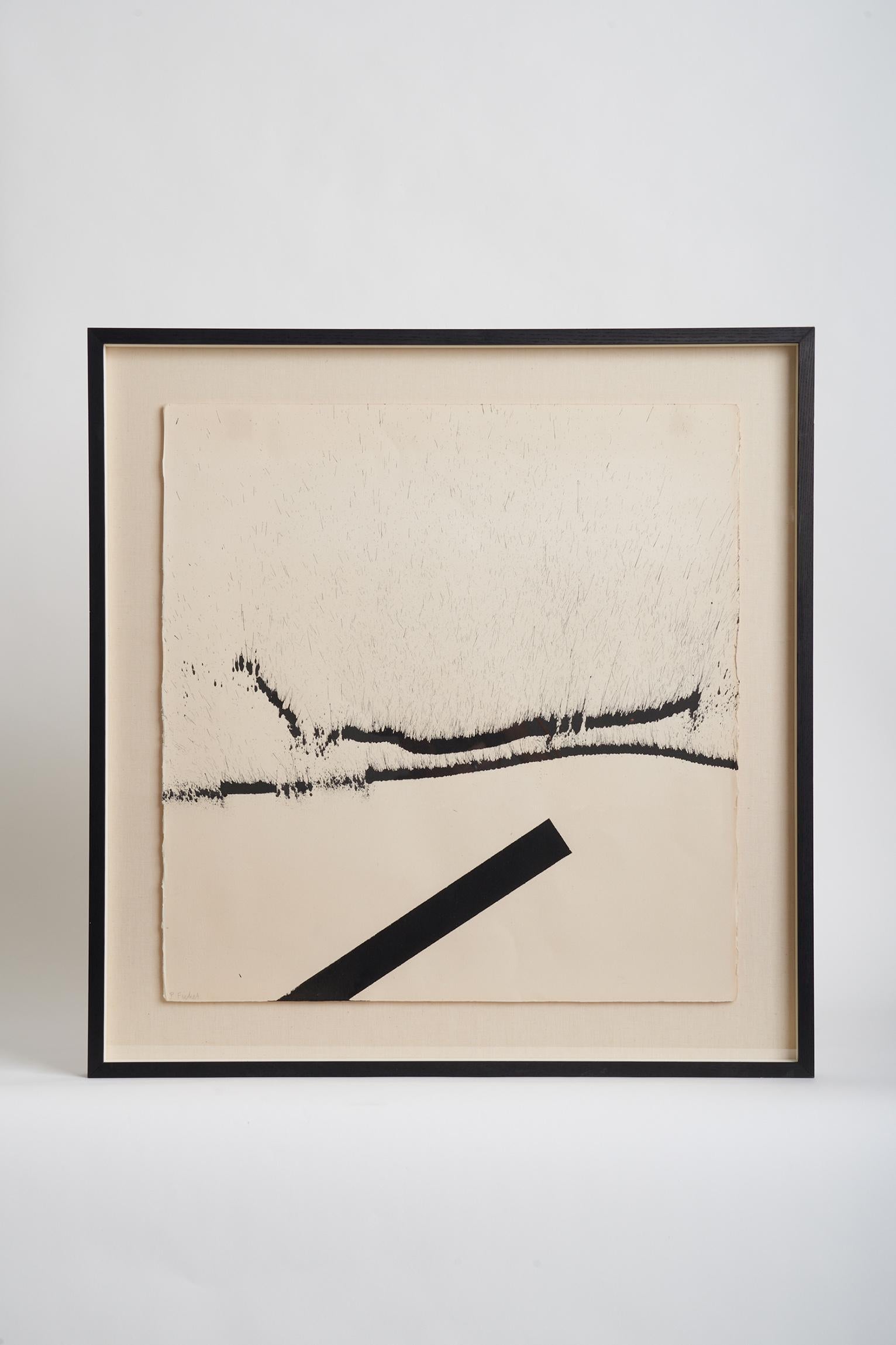 An abstract work of Art by Pierre Fichet (1927-2007).
Monochrome lithograph on Velin d'Arches paper. Signed.
In a new black stained oak frame and linen background.

Pierre Fichet was born on 10th August 1927 in Paris and passed away on 8th