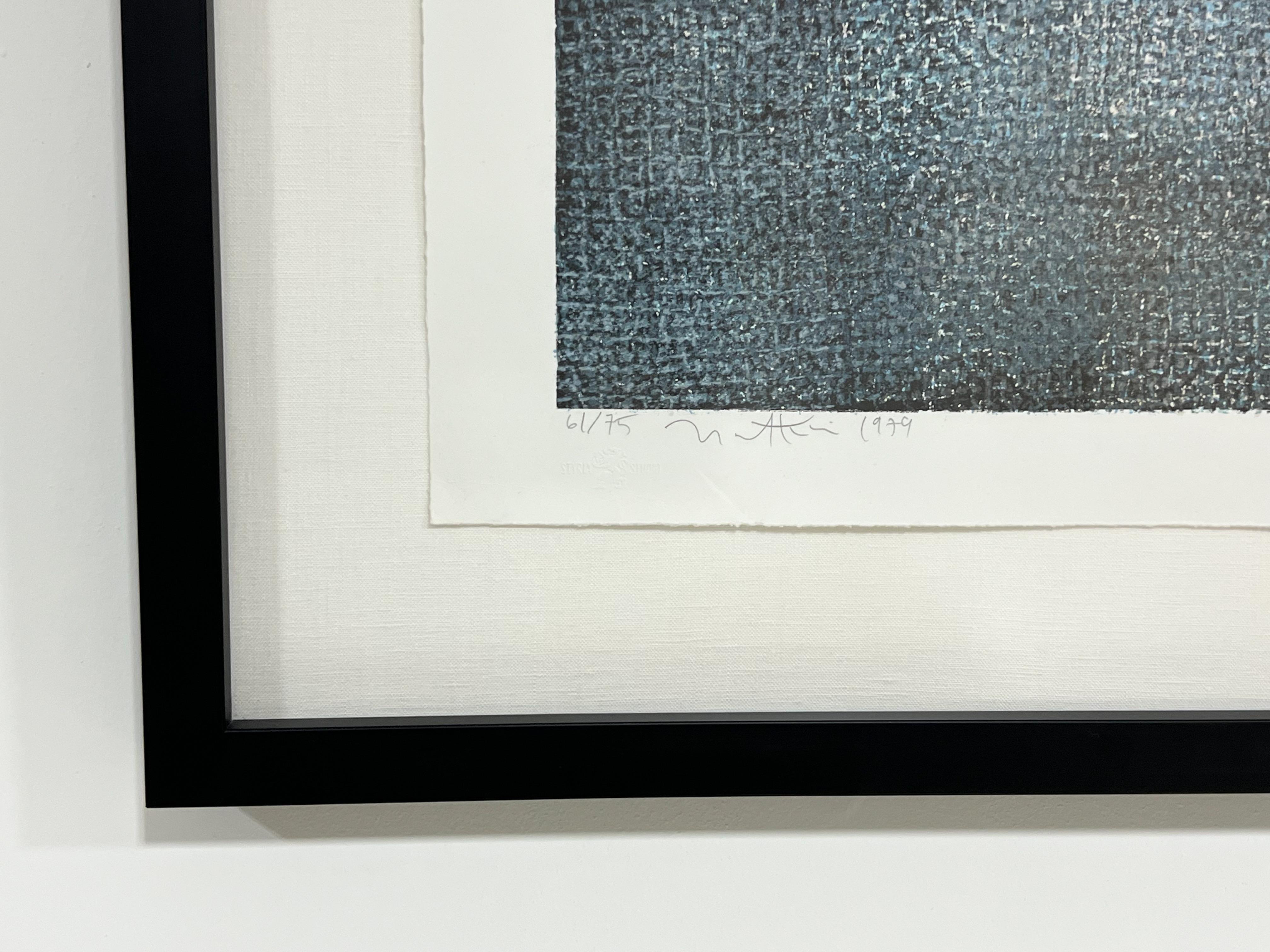 1979 Abstract lithograph painting by American listed artist Robert Natkin (1930-2010).
Pencil signed, numbered 61/75 and dated 1979. 
Newly framed with black lacquer frame, floated on white linen and UV protected none glare Plexiglass. 

Overall