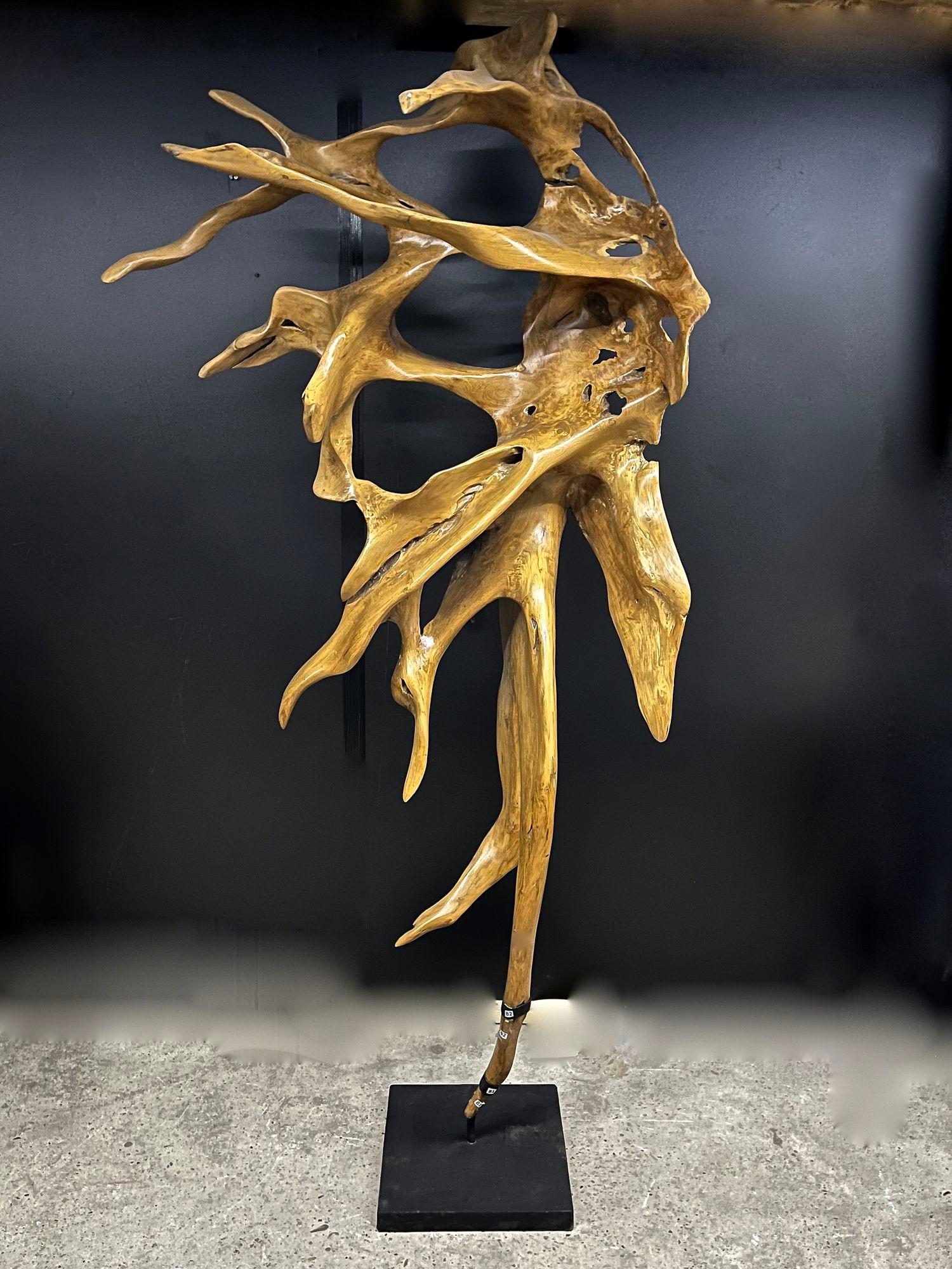 Einzigartige große organische Wurzelskulptur aus Mahagoni auf einem mattschwarzen Metallständer. Diese große abstrakte Holzskulptur wurde vom Künstler in Handarbeit aus einem massiven Mahagoniwurzelstück gefertigt und beeindruckt durch ihre
