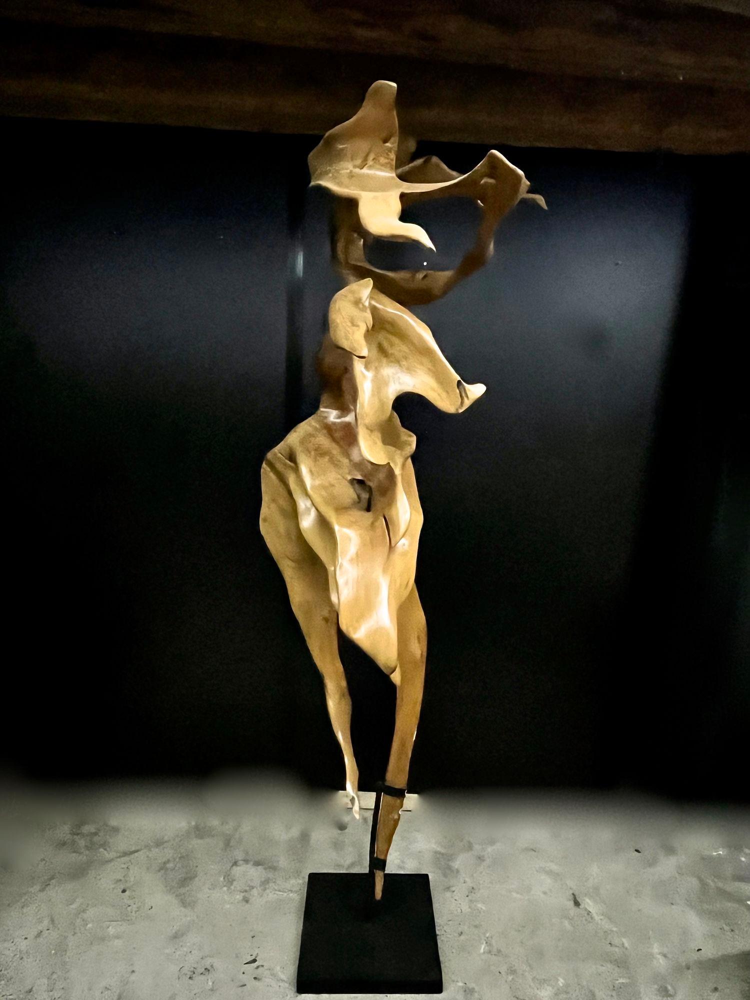 Acajou Sculpture abstraite en racine d'acajou, laquée sur support en métal noir, 2022 en vente