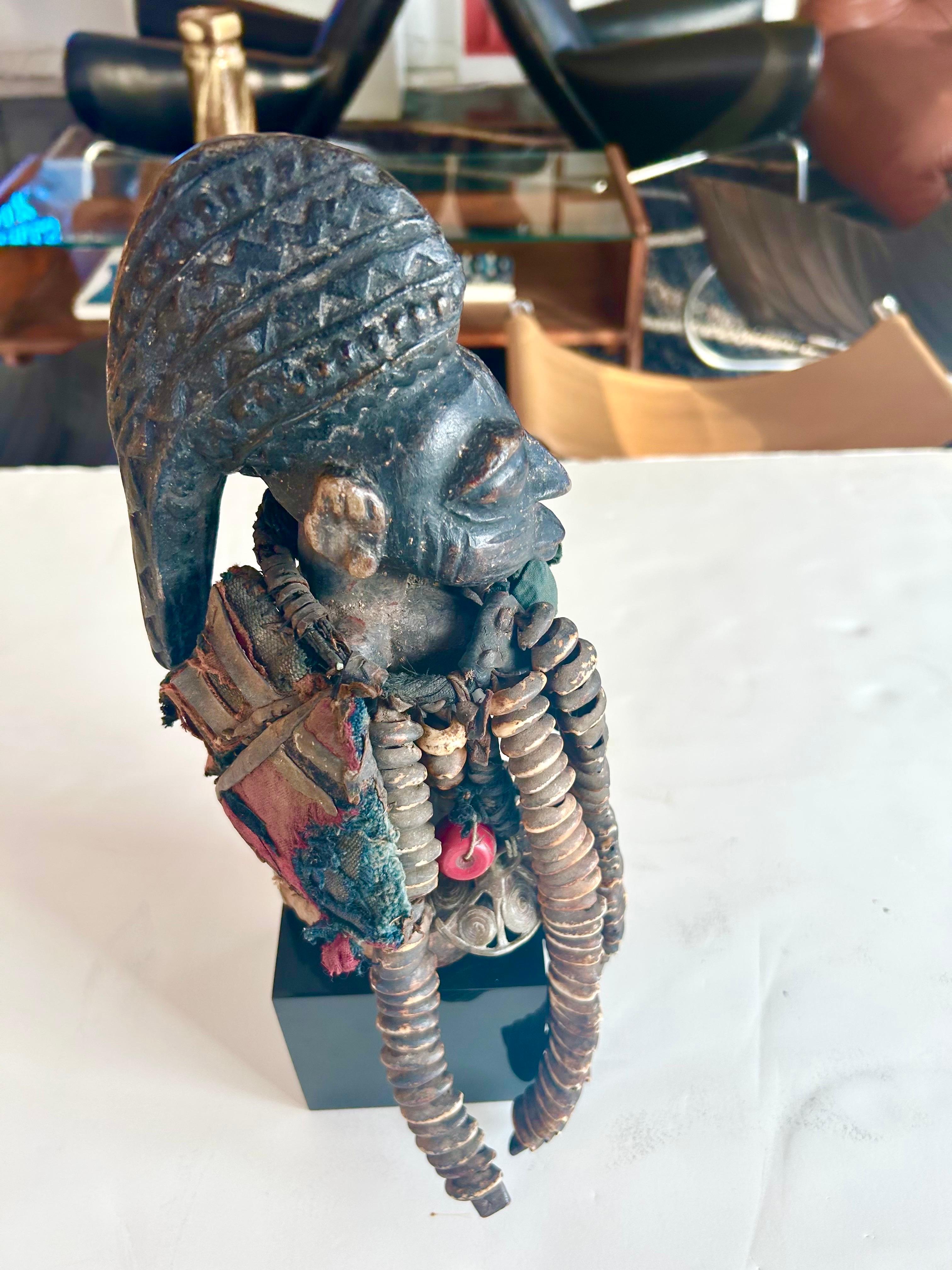 Unique abstract female Tchiwara sculpture from Mali (Bamana people ) circa 1930's. Beautifully hand-carved wood and mixed media.