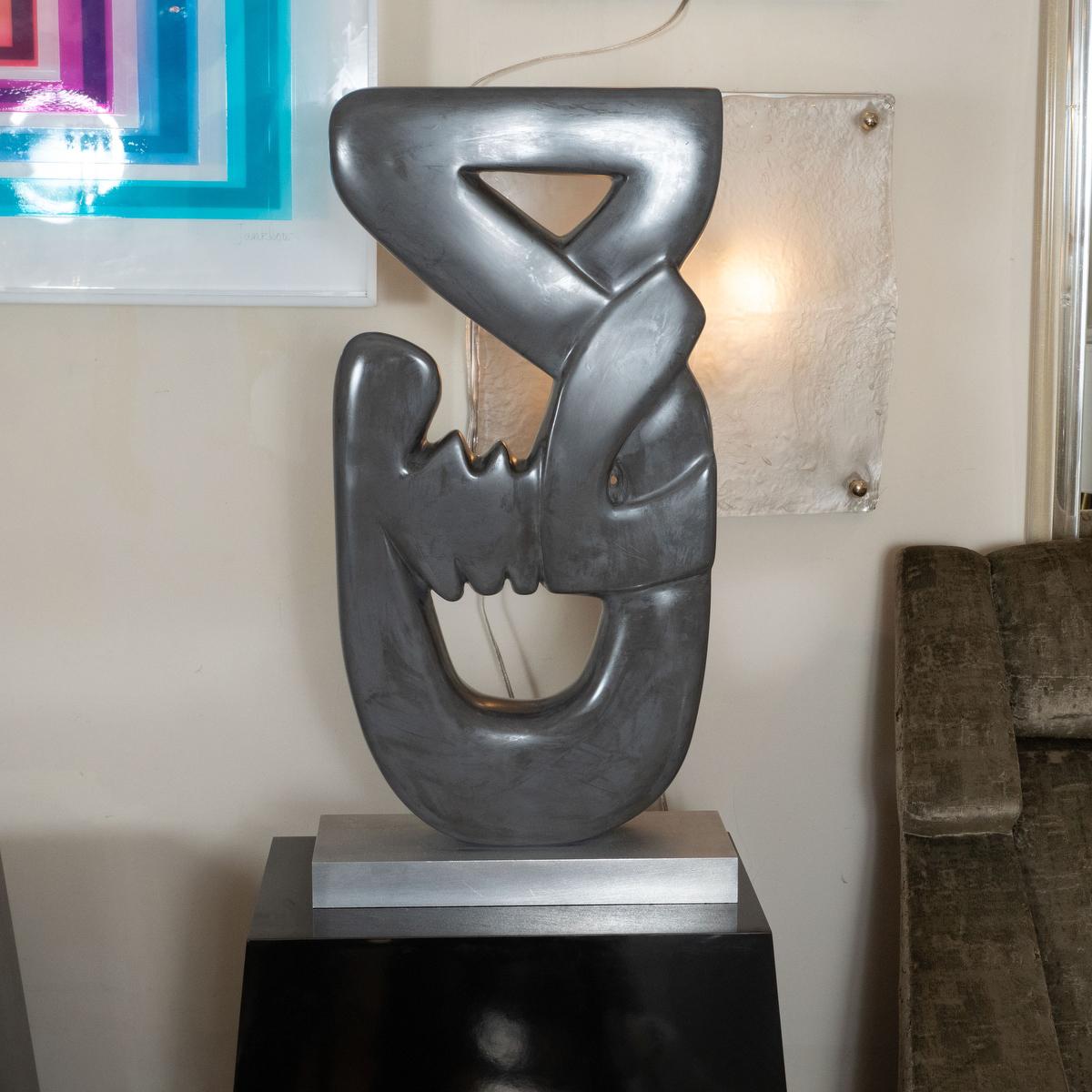 Mid-Century Modern Abstract Marble Sculpture with Black Pedestal Base, Signed H. Simon