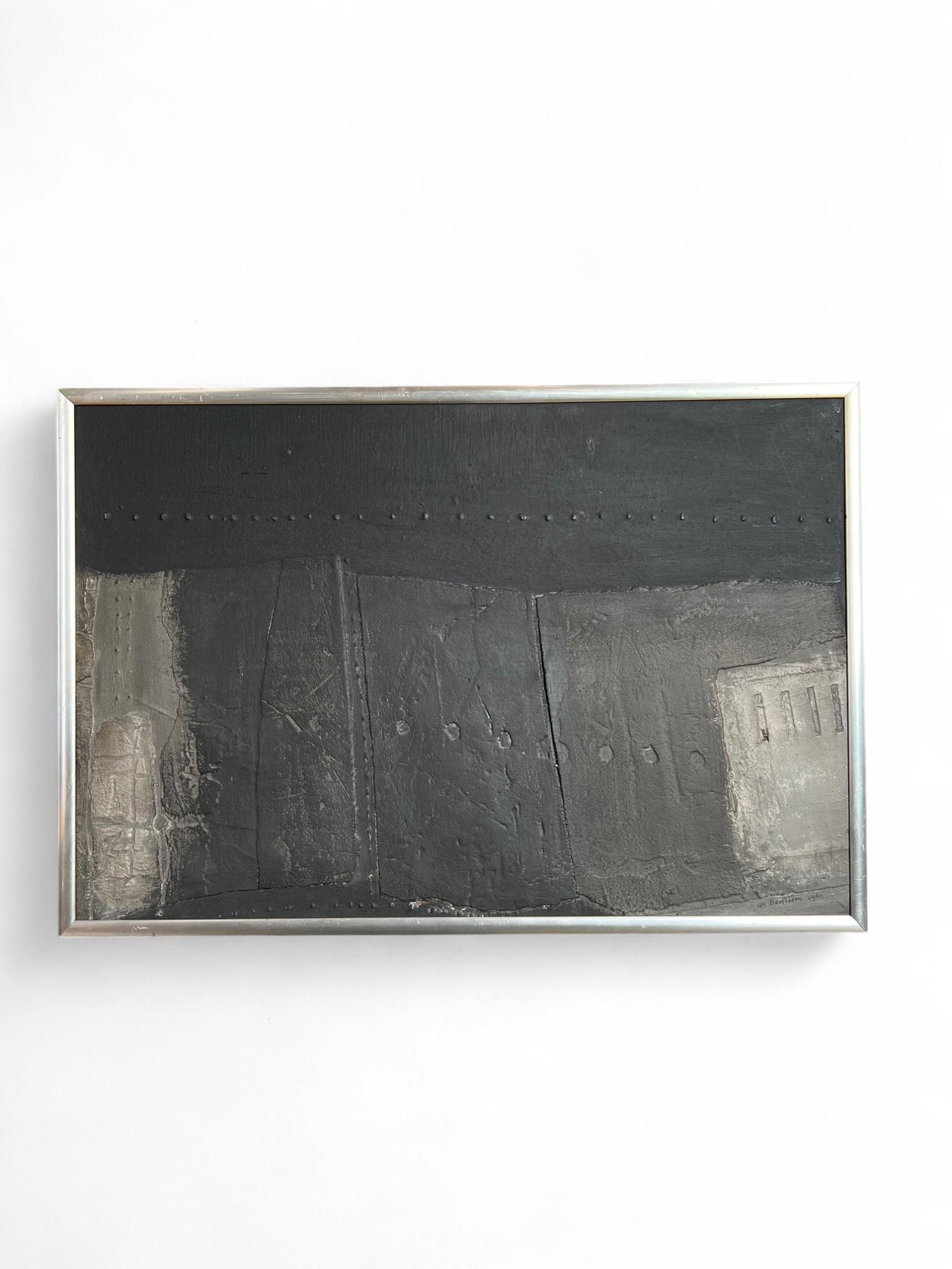 A compelling materie painting by Dutch artist Rik van Bentum (1936–1994), executed in 1960 using mixed media on wood. Rendered in gray and black tones, the work is framed in a minimalist aluminium cold frame (screwed into the sides), measuring 43.5