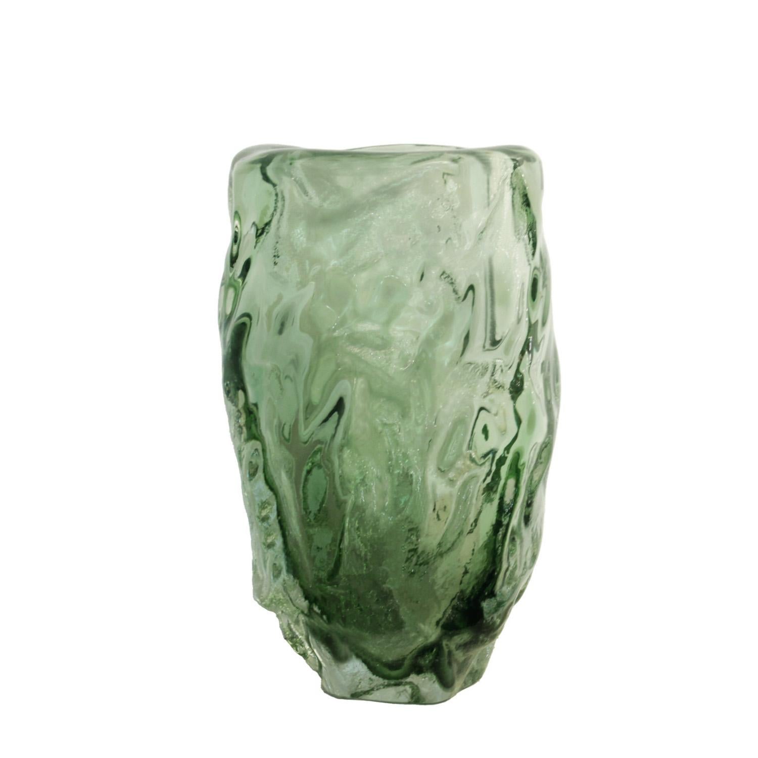 Hand crafted Murano sommerso green glass vase inspired by the works of Italian abstract artist Alberto Burri.  Italy 2023