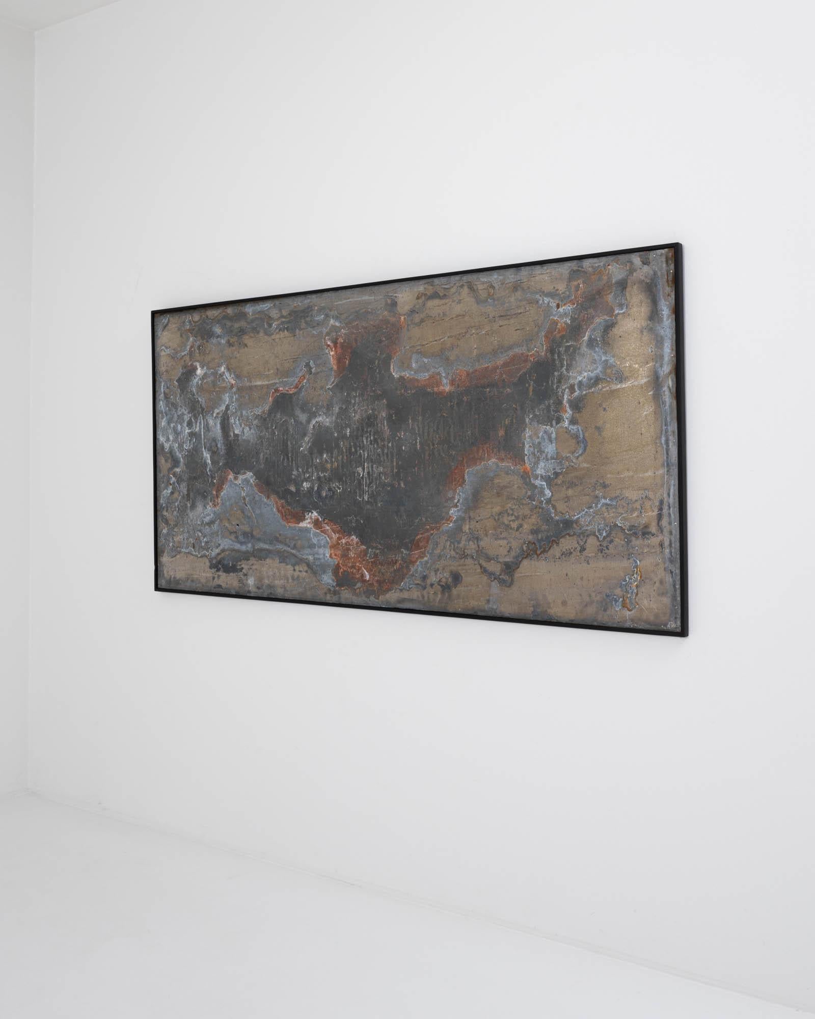 European Abstract Metal Artwork in Wooden Frame For Sale