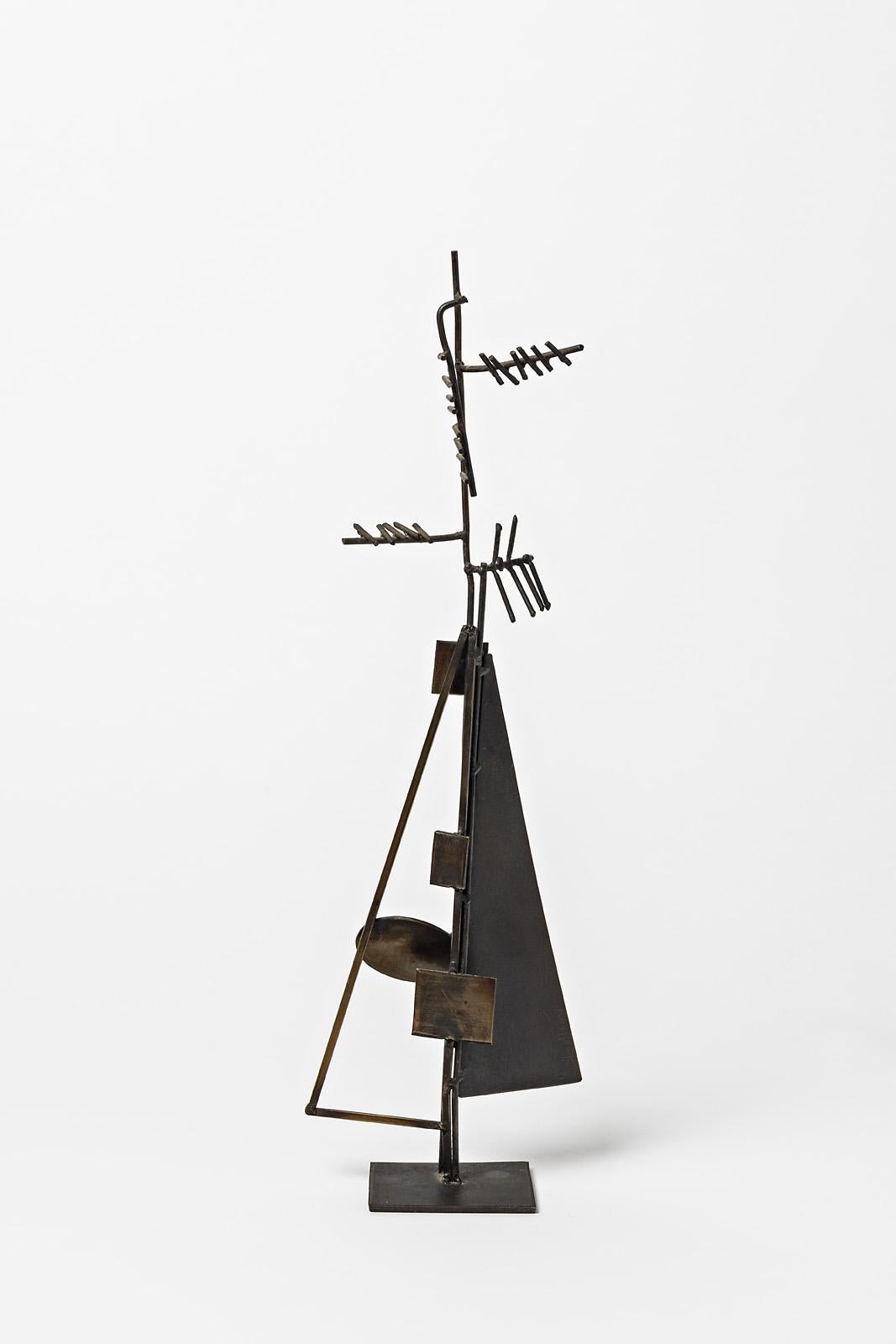 Mid-Century Modern Abstract Metal Midcentury Sculpture by Alain Douillard Black Metallic Form For Sale