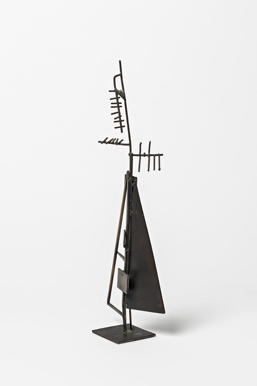 French Abstract Metal Midcentury Sculpture by Alain Douillard Black Metallic Form For Sale