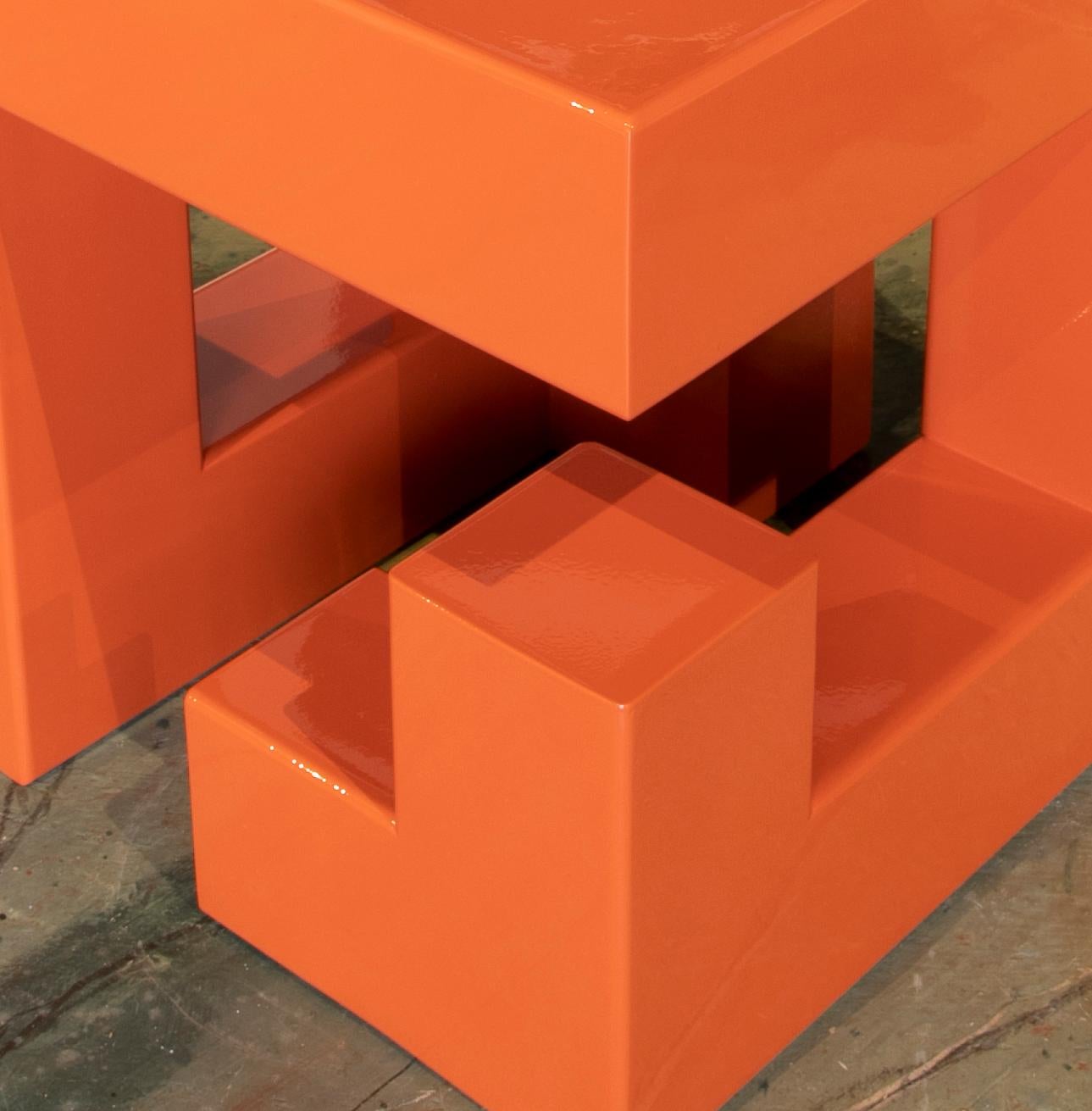 Abstract Metal Sculpture Lacquered in Orange with Geometric Forms 6