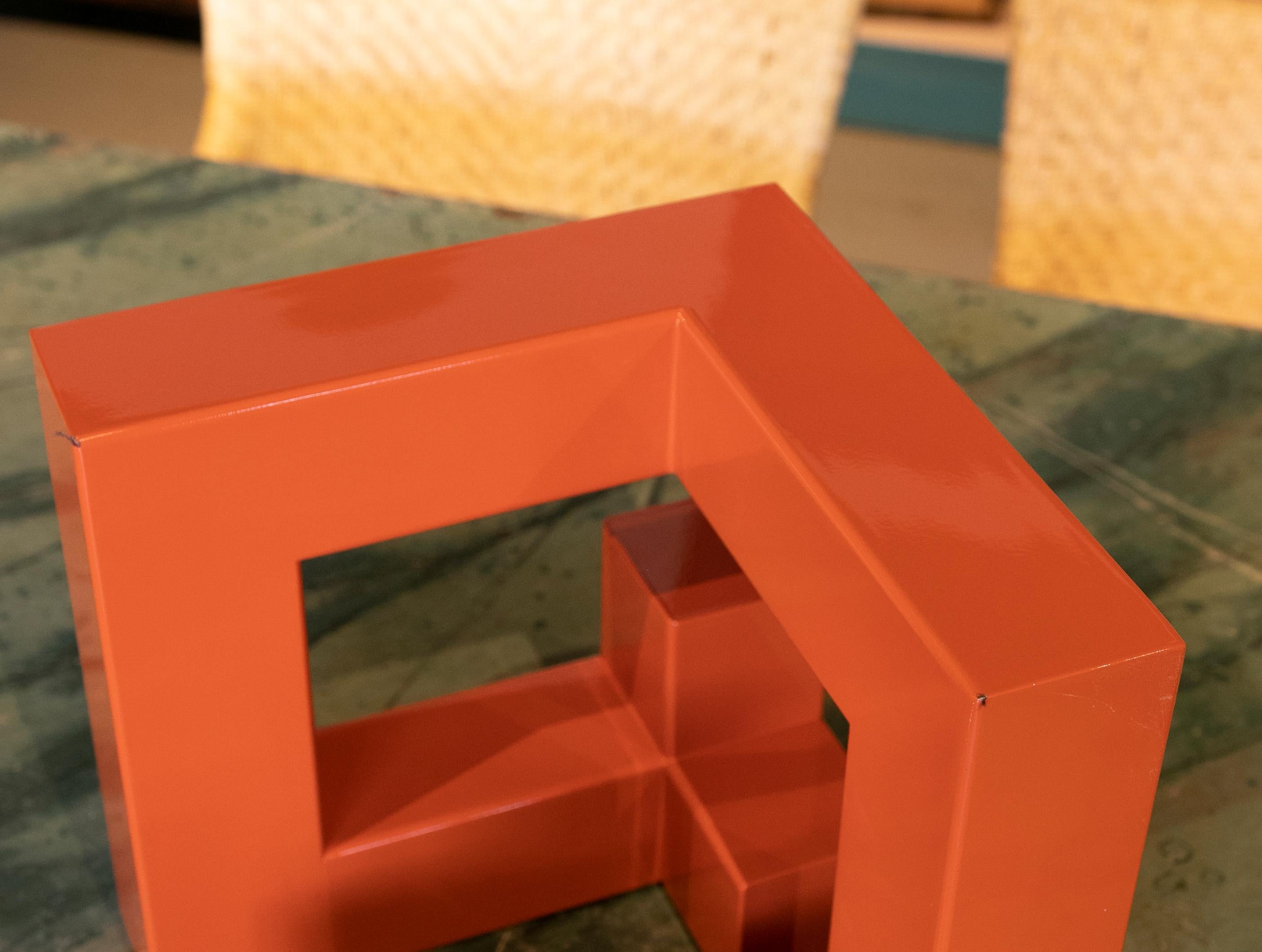 Abstract Metal Sculpture Lacquered in Orange with Geometric Forms 11