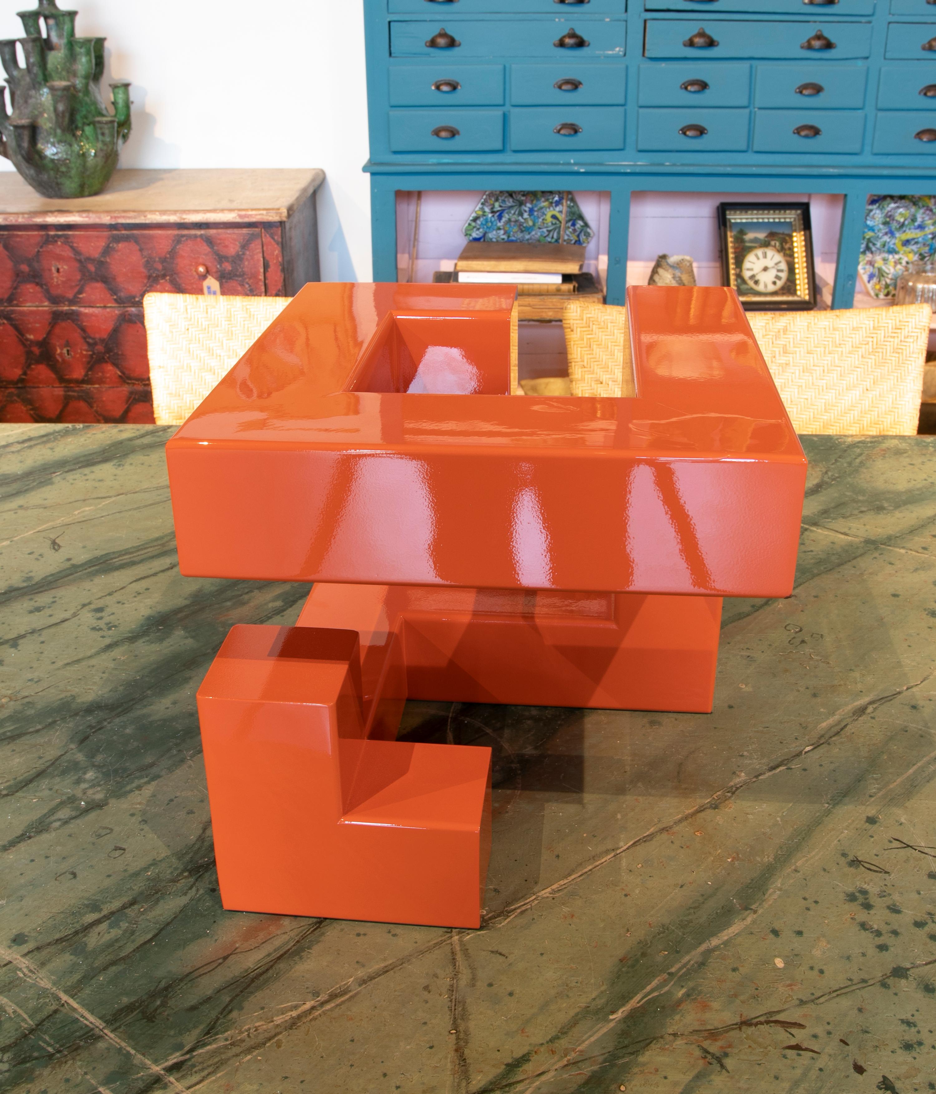 Spanish Abstract Metal Sculpture Lacquered in Orange with Geometric Forms