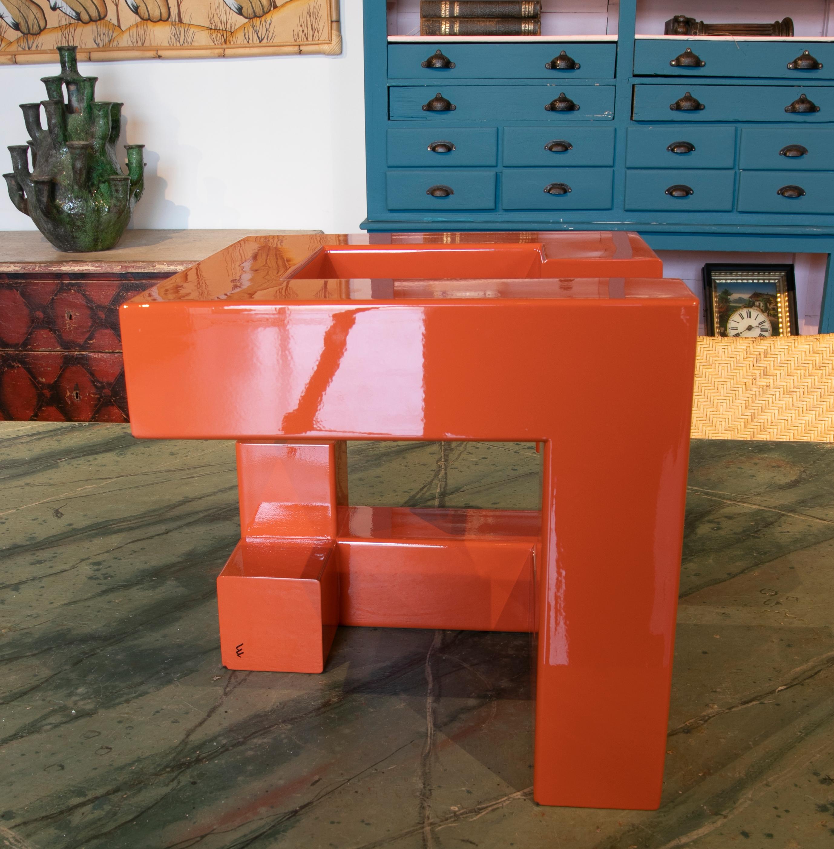 Contemporary Abstract Metal Sculpture Lacquered in Orange with Geometric Forms