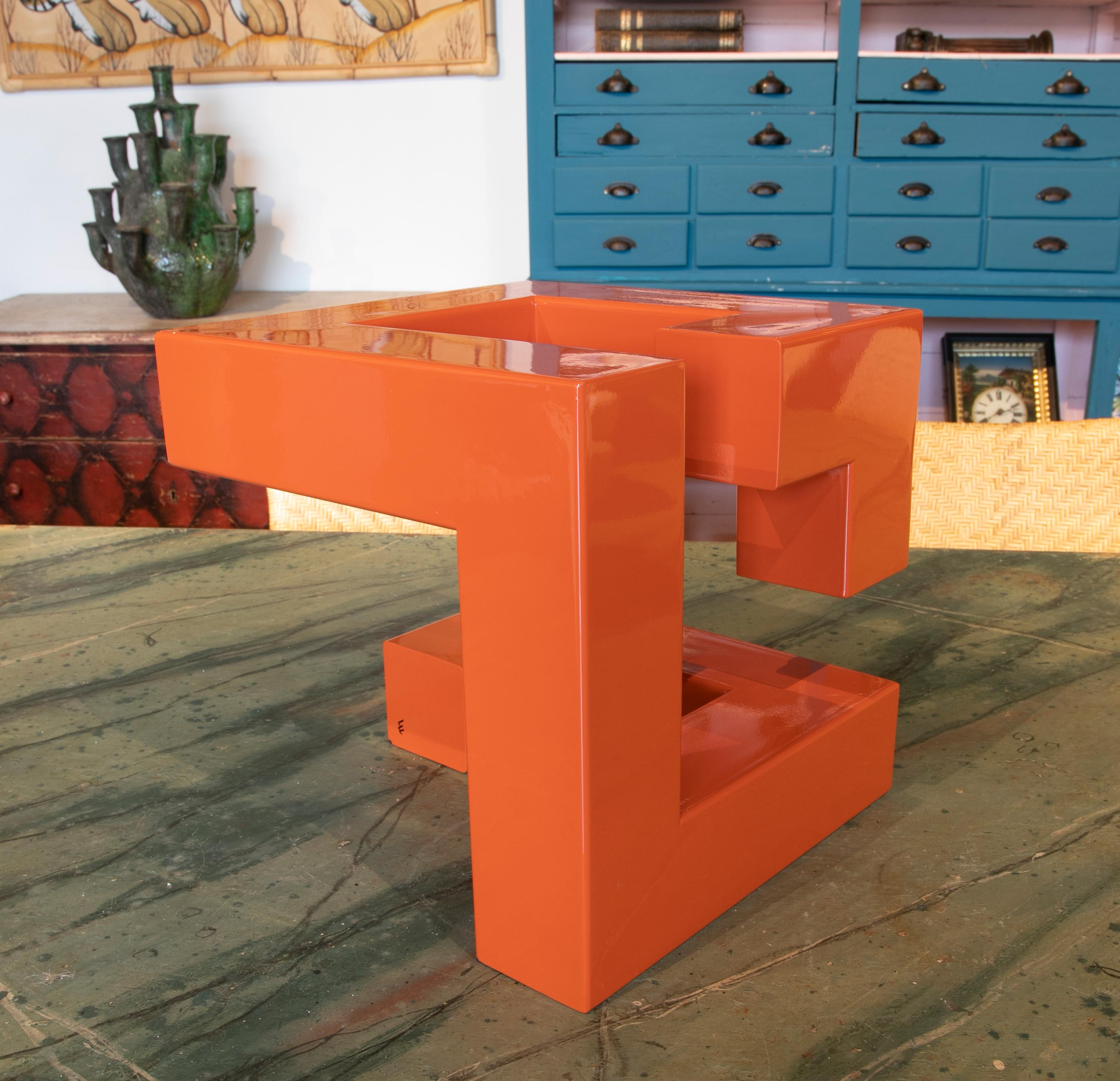 Abstract Metal Sculpture Lacquered in Orange with Geometric Forms 1