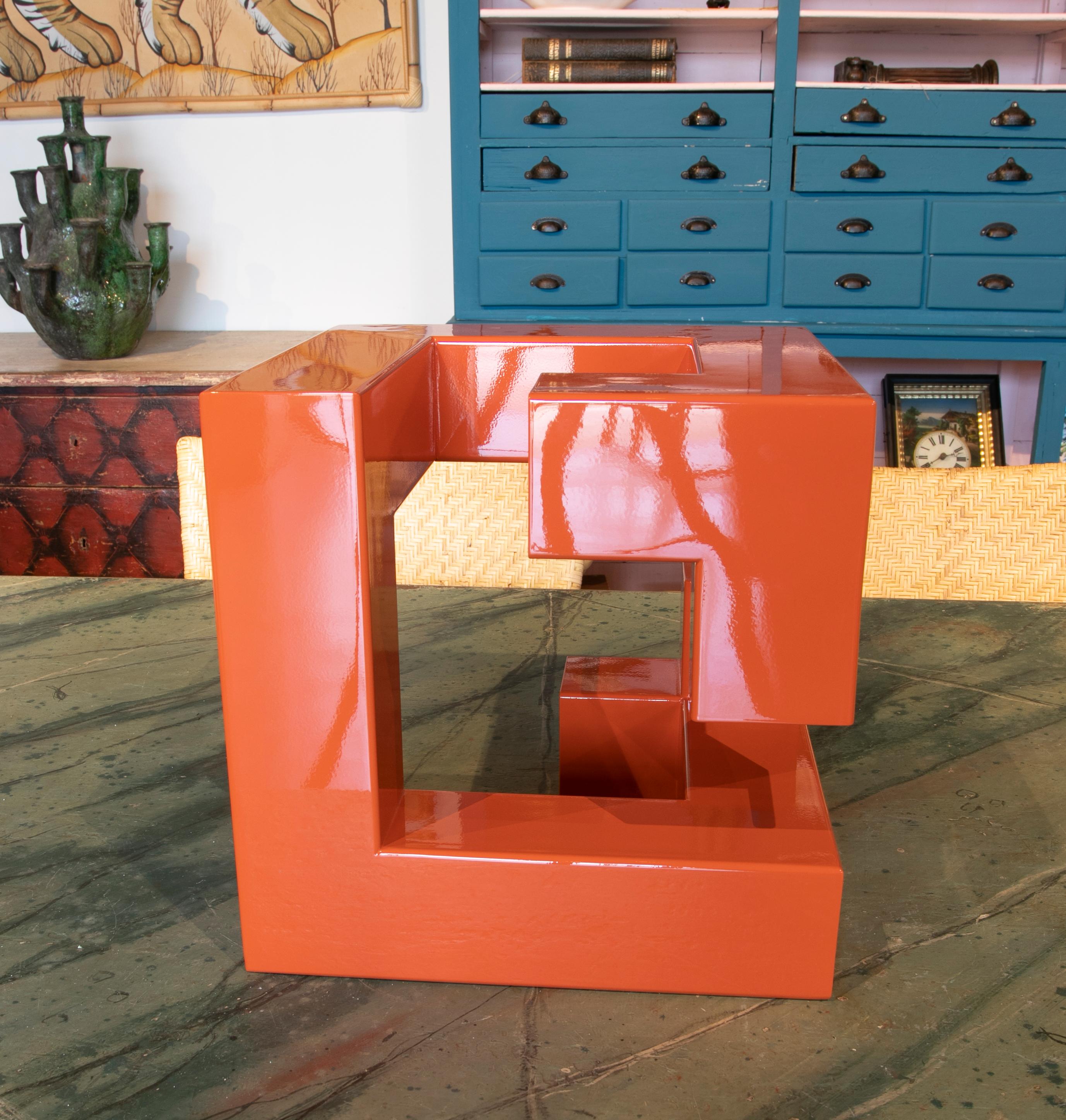 Abstract Metal Sculpture Lacquered in Orange with Geometric Forms 2