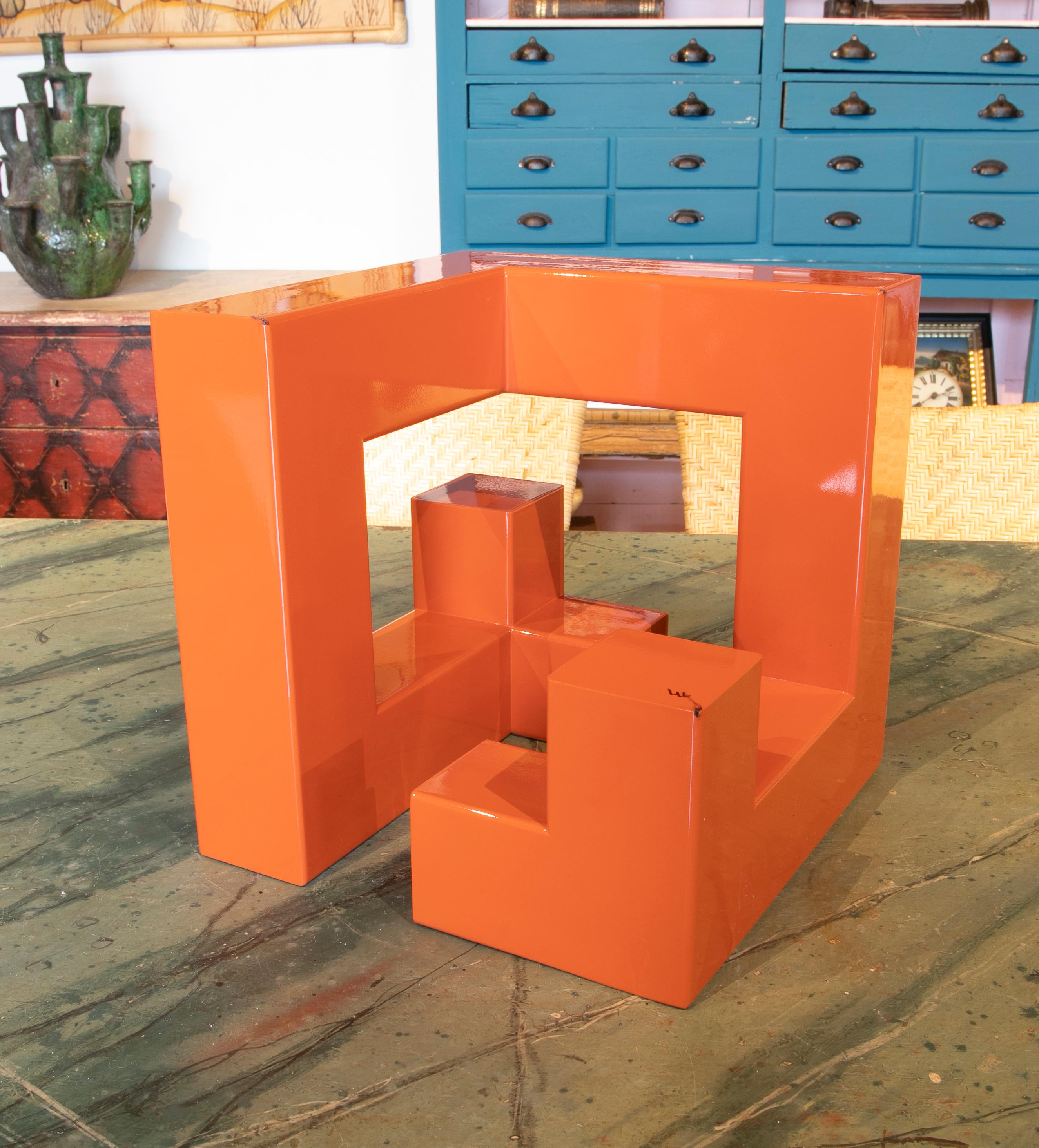 Abstract Metal Sculpture Lacquered in Orange with Geometric Forms 3