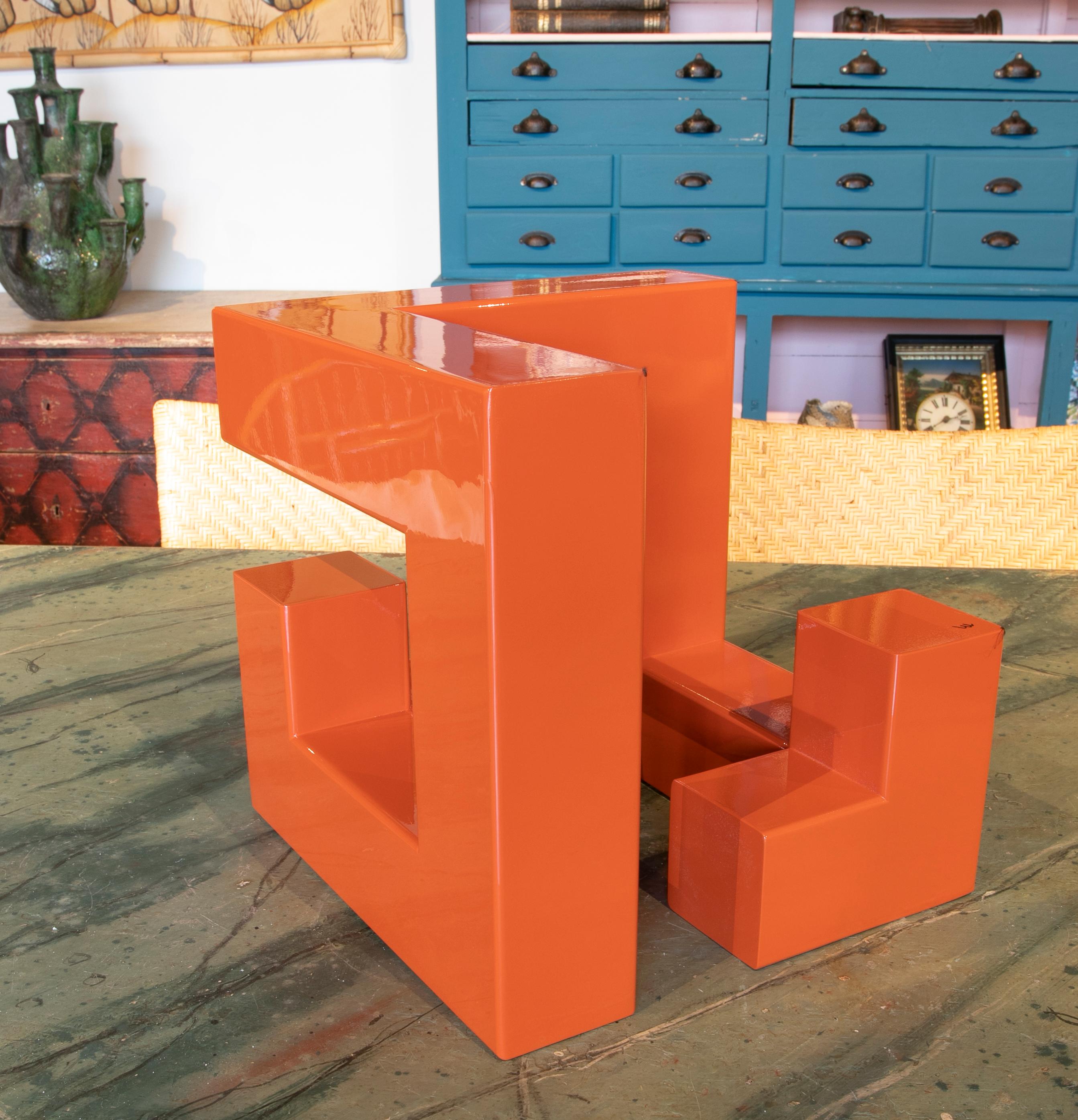 Abstract Metal Sculpture Lacquered in Orange with Geometric Forms 4