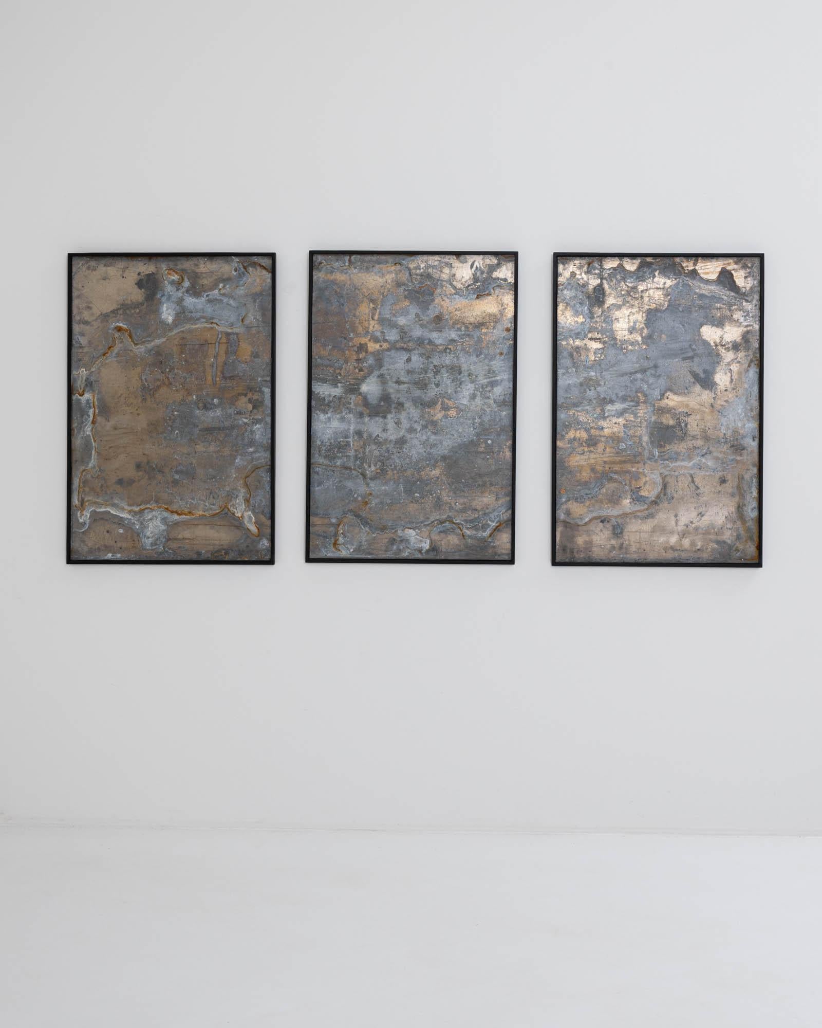 Minimalist Abstract Metal Triptych in Wooden Frame For Sale