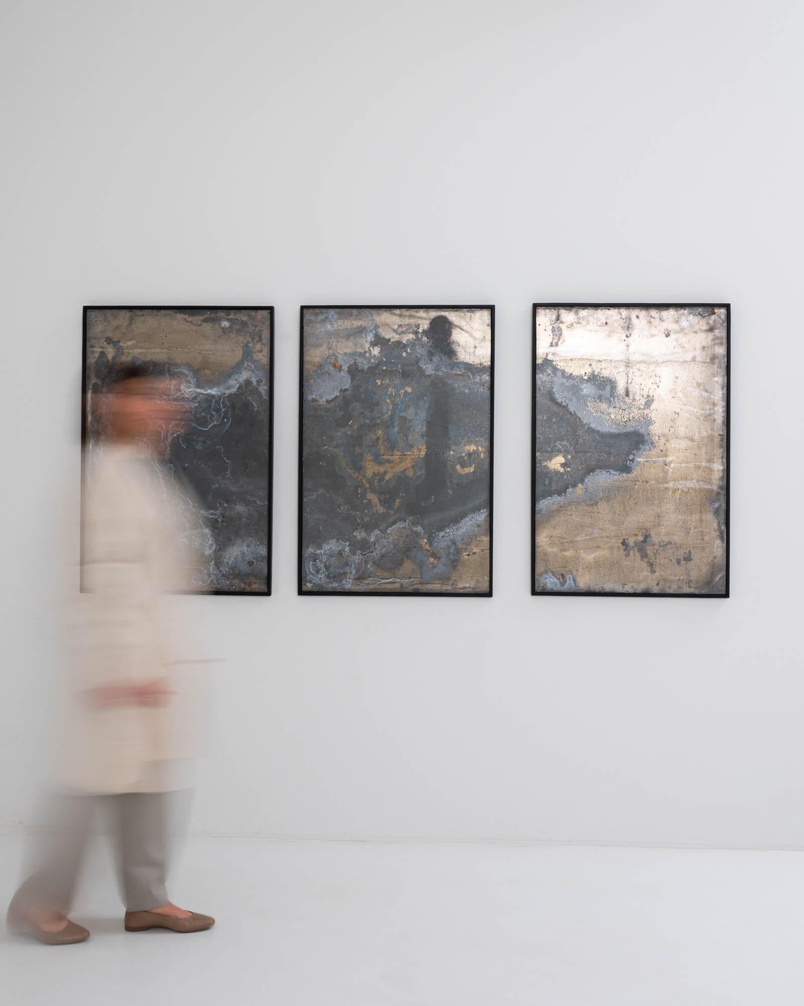 Industrial Abstract Metal Triptych in Wooden Frame For Sale