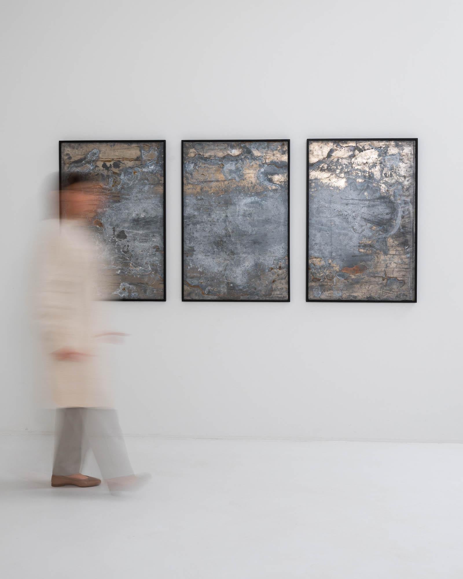 Brutalist Abstract Metal Triptych in Wooden Frame For Sale