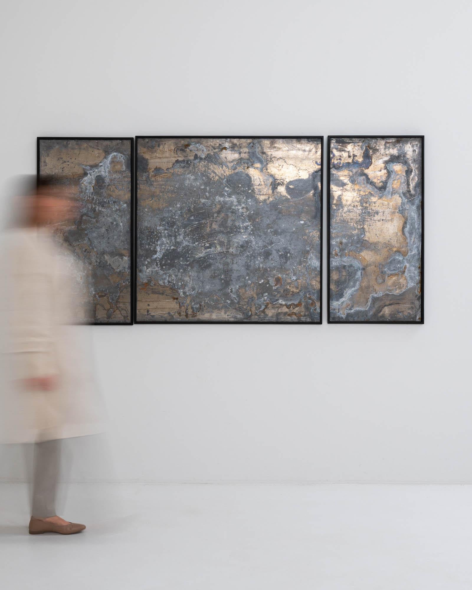 Industrial Abstract Metal Triptych in Wooden Frame For Sale