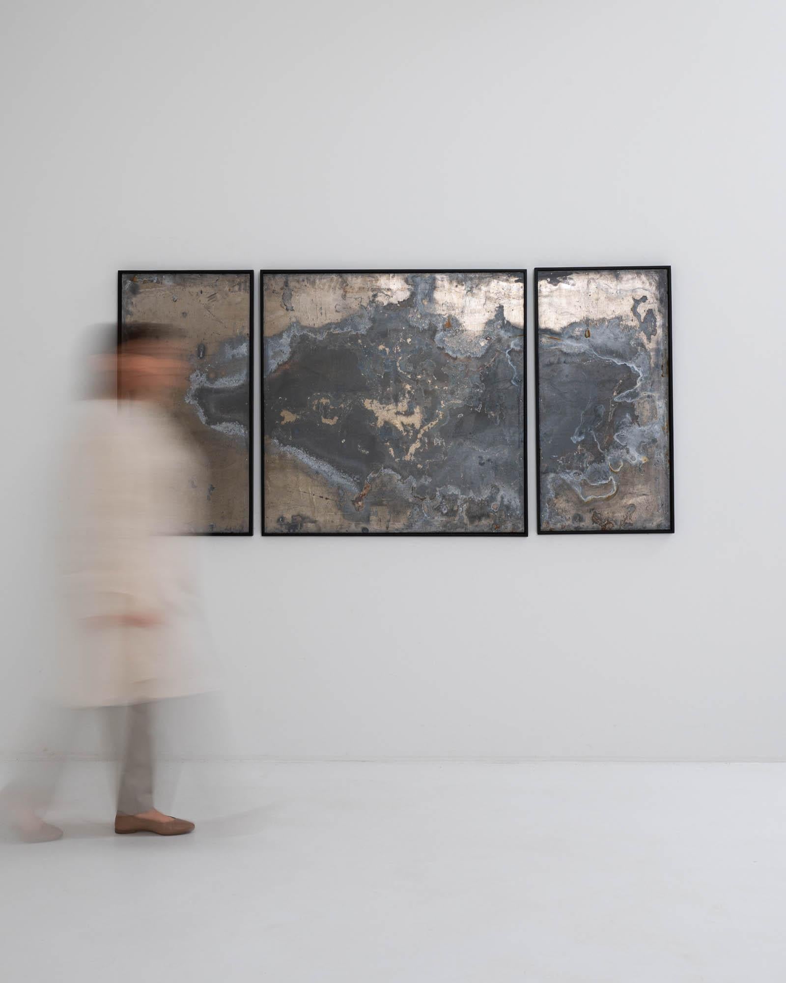 Abstraktes Triptychon aus Metall in Holzrahmen (Industriell) im Angebot