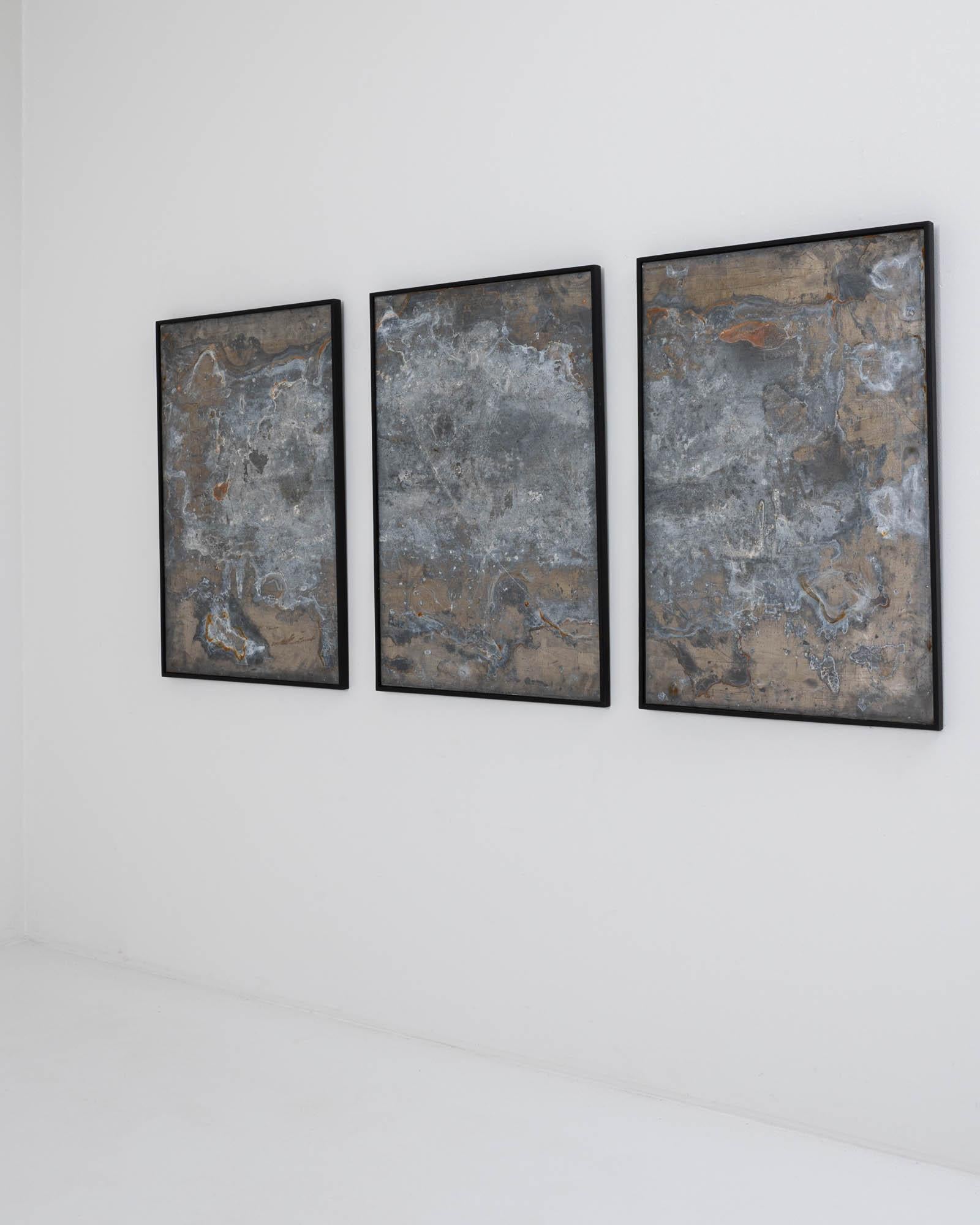 Abstraktes Triptychon aus Metall in Holzrahmen (Europäisch) im Angebot