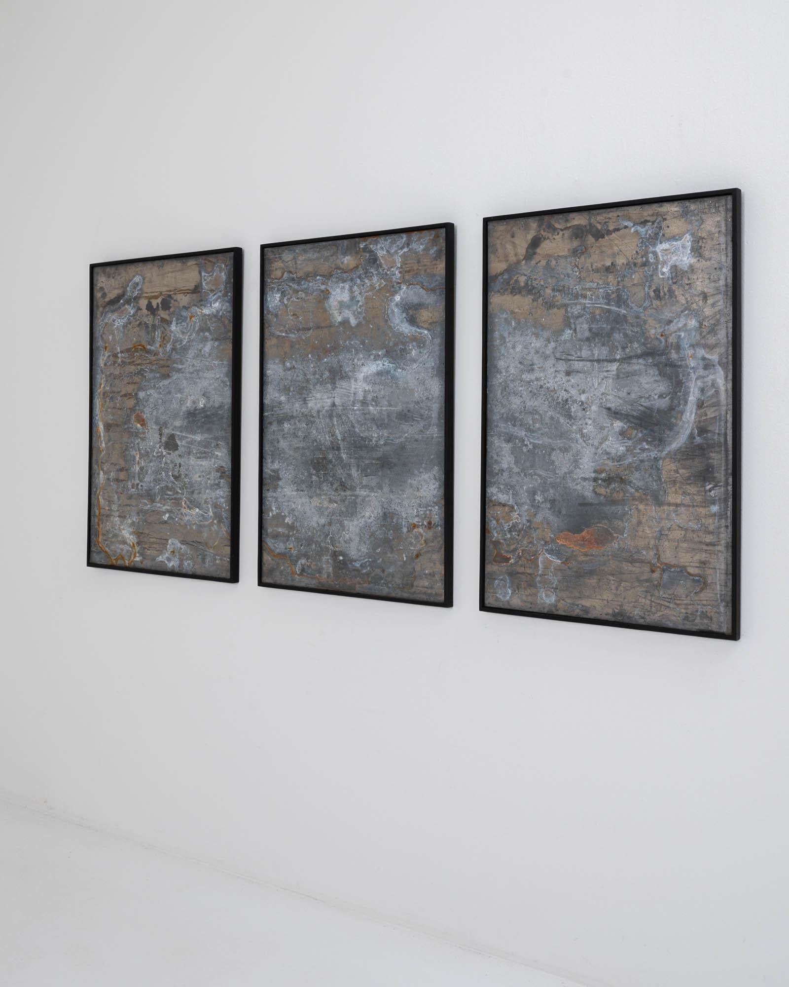European Abstract Metal Triptych in Wooden Frame For Sale
