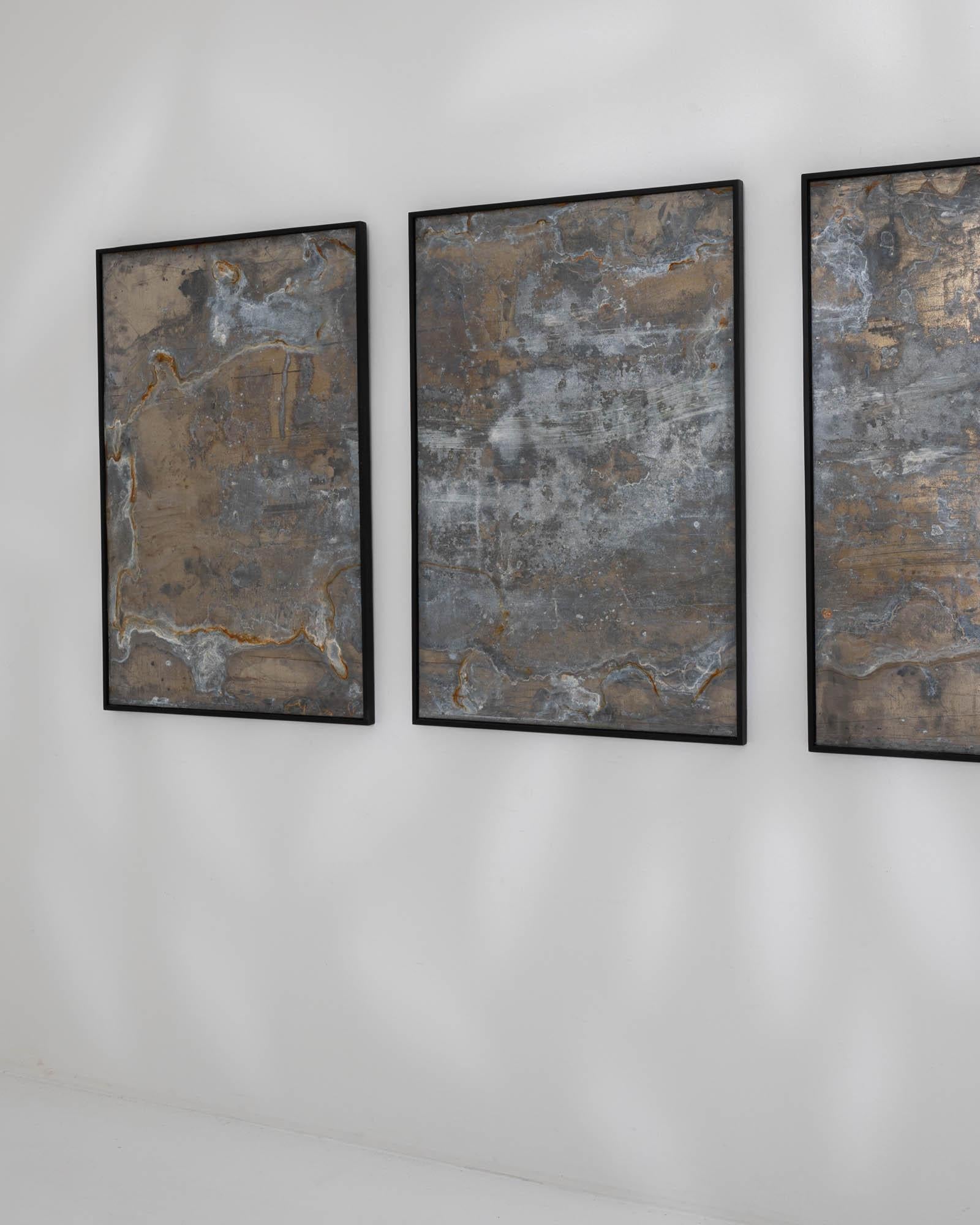 Contemporary Abstract Metal Triptych in Wooden Frame For Sale