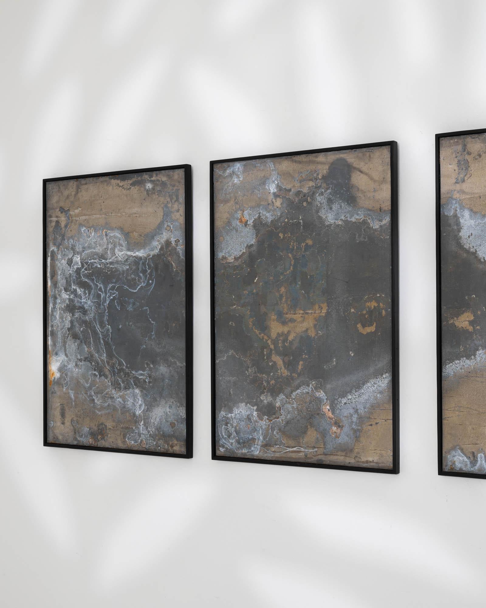 Contemporary Abstract Metal Triptych in Wooden Frame For Sale