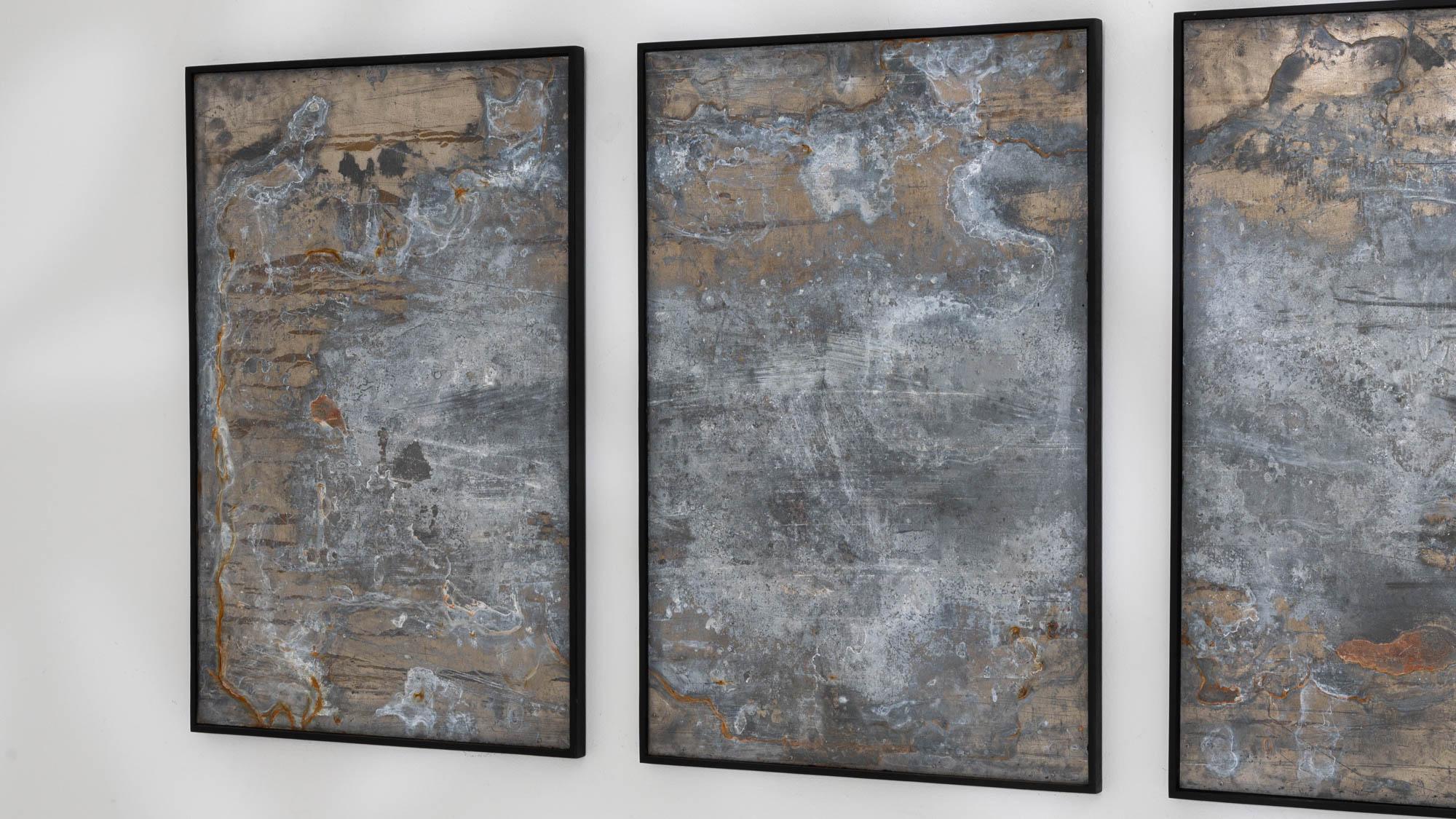 Abstract Metal Triptych in Wooden Frame For Sale 1