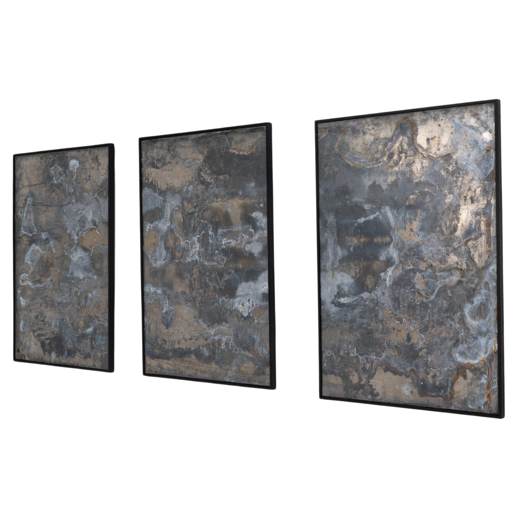 Abstract Metal Triptych in Wooden Frame