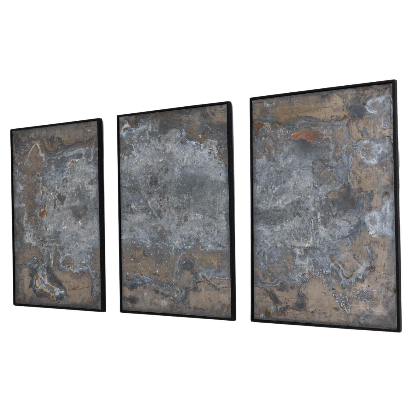 Abstract Metal Triptych in Wooden Frame For Sale