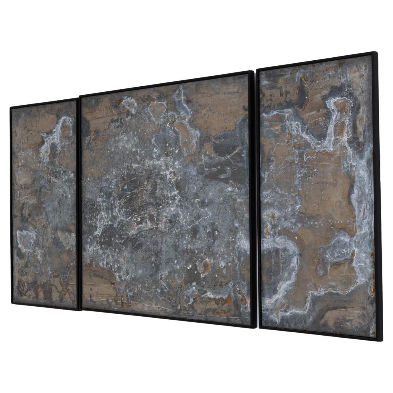 Abstraktes Triptychon aus Metall in Holzrahmen im Angebot