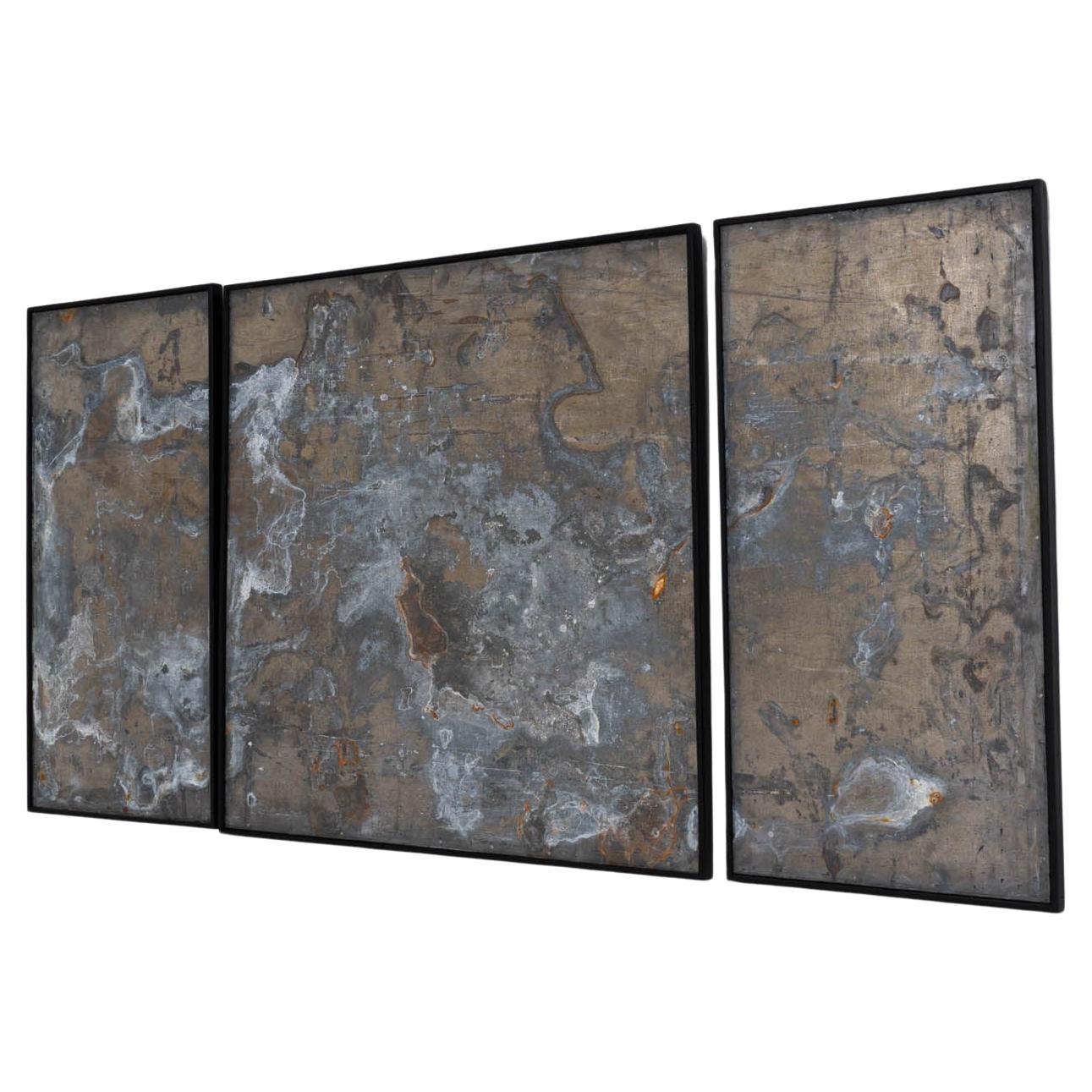 Abstract Metal Triptych in Wooden Frame For Sale