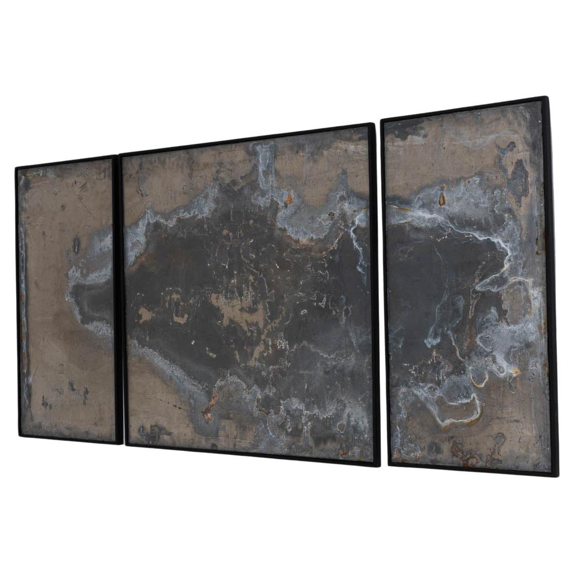 Abstraktes Triptychon aus Metall in Holzrahmen im Angebot