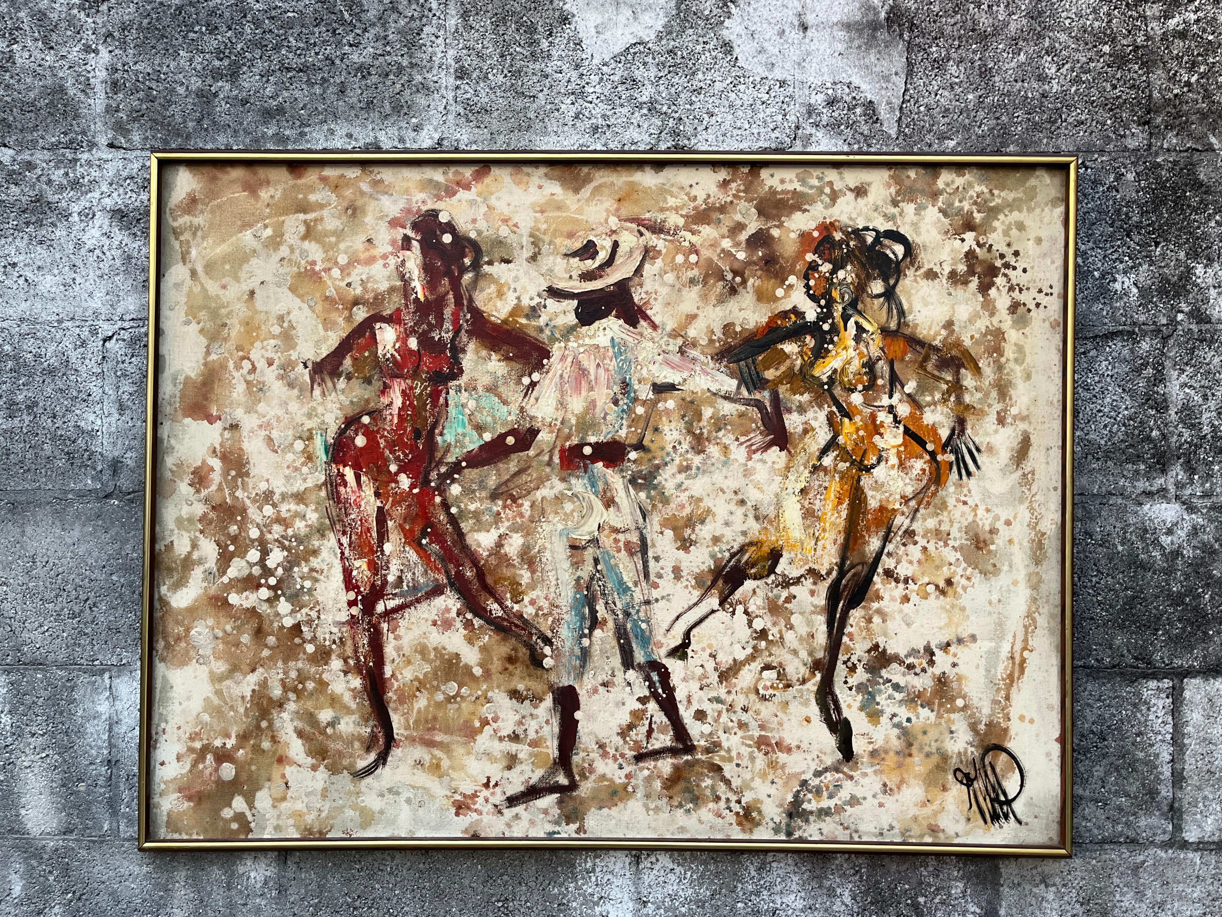 Große abstrakte Mid Century Modern Original-Ölgemälde auf Leinwand, gerahmt und signiert vom Künstler. Circa 1960er Jahre 
Zeigt zwei Tänzerinnen und einen Tänzer auf einem abstrakten, strukturierten Hintergrund, gerahmt in einem Massivholzrahmen