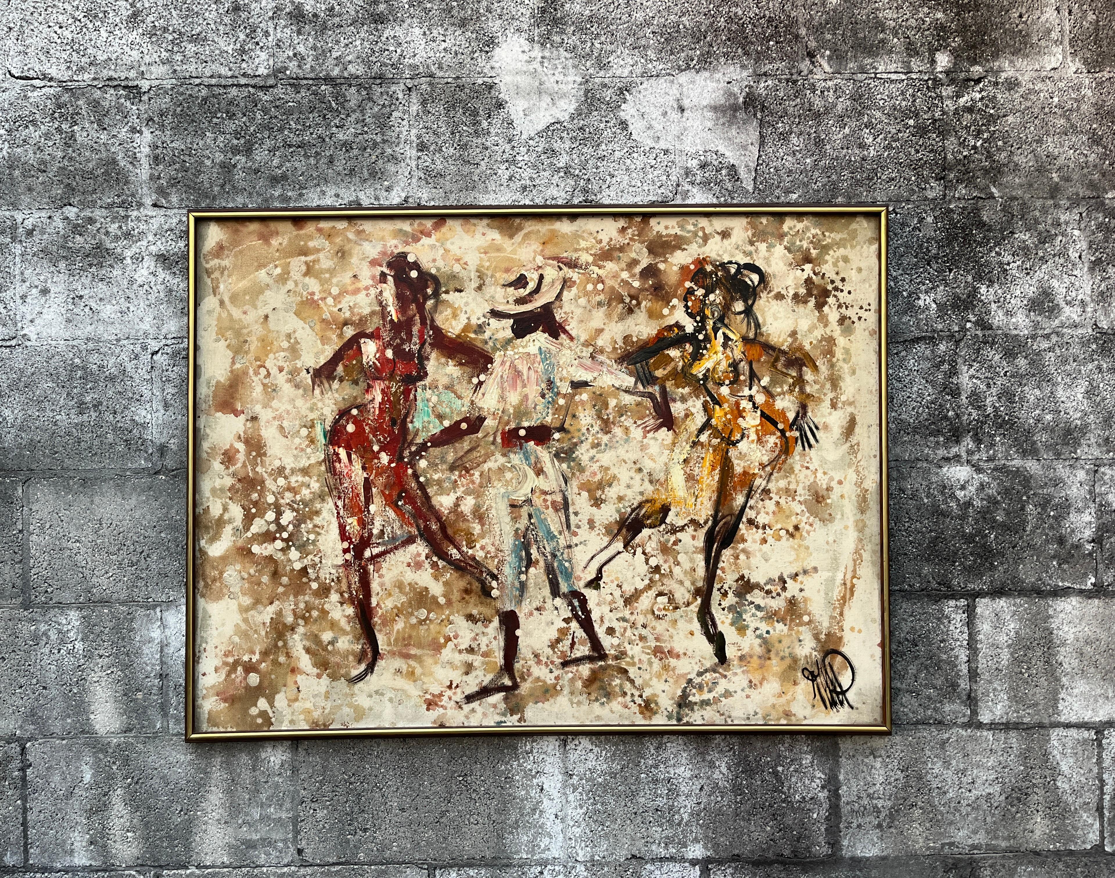 Abstraktes Mid Century Modernes gerahmtes Original Ölgemälde auf Leinwand. Circa 1960er Jahre (Moderne der Mitte des Jahrhunderts) im Angebot