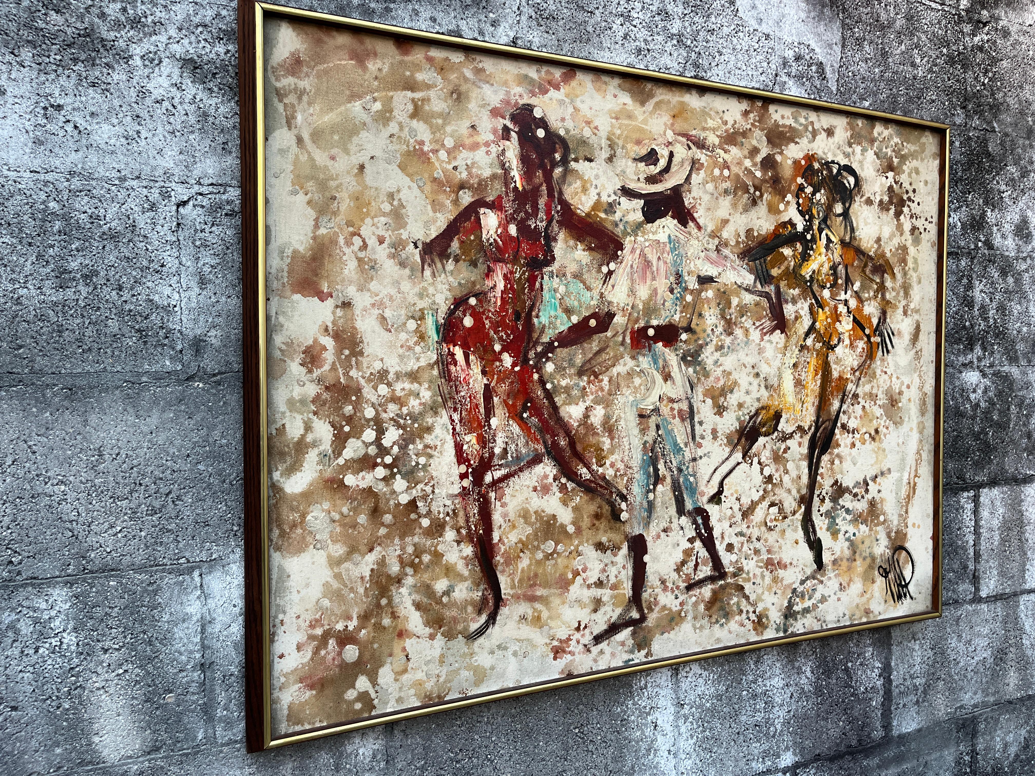 Abstraktes Mid Century Modernes gerahmtes Original Ölgemälde auf Leinwand. Circa 1960er Jahre (amerikanisch) im Angebot