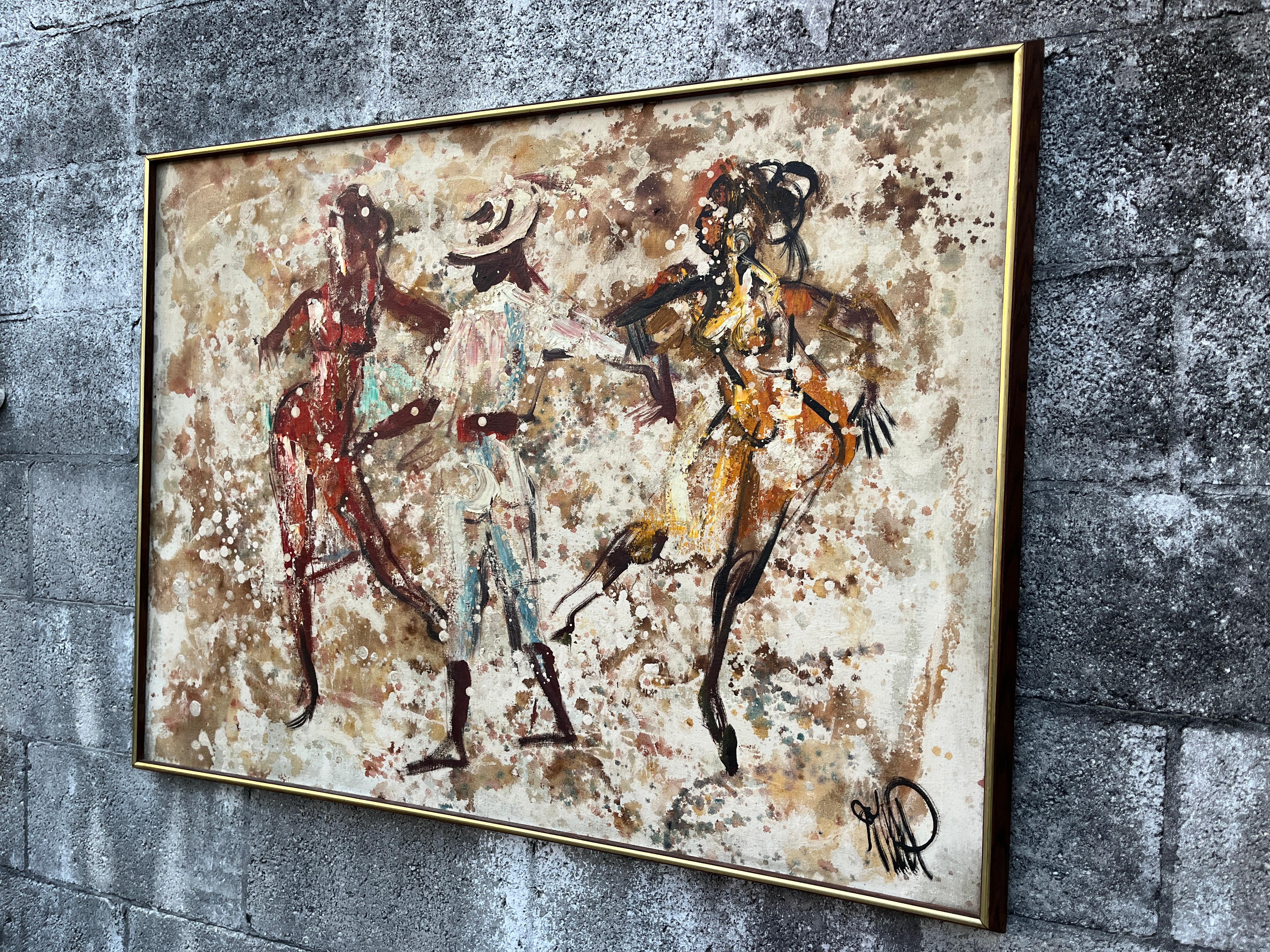 Abstraktes Mid Century Modernes gerahmtes Original Ölgemälde auf Leinwand. Circa 1960er Jahre (Handbemalt) im Angebot