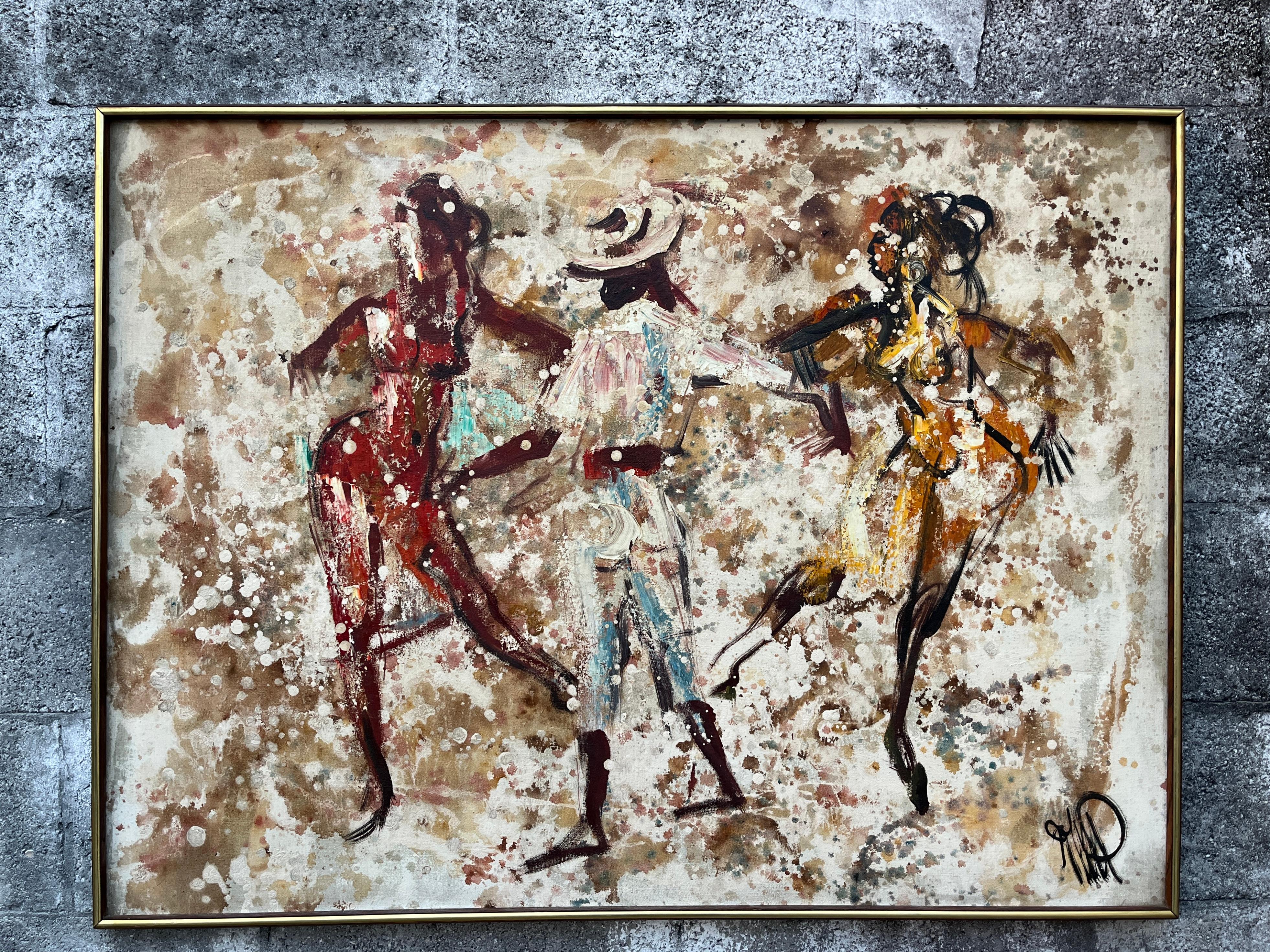 Abstraktes Mid Century Modernes gerahmtes Original Ölgemälde auf Leinwand. Circa 1960er Jahre im Zustand „Gut“ im Angebot in Miami, FL