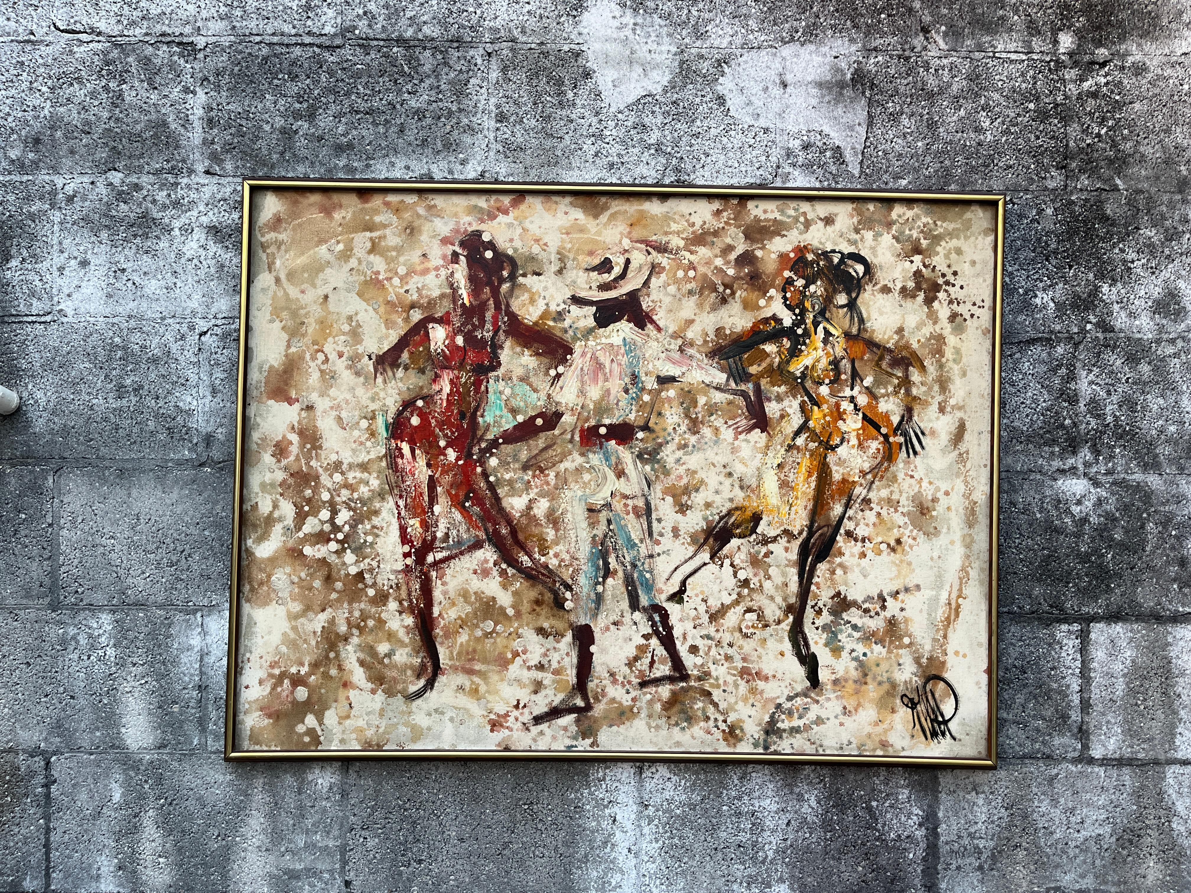 Abstraktes Mid Century Modernes gerahmtes Original Ölgemälde auf Leinwand. Circa 1960er Jahre (Mitte des 20. Jahrhunderts) im Angebot