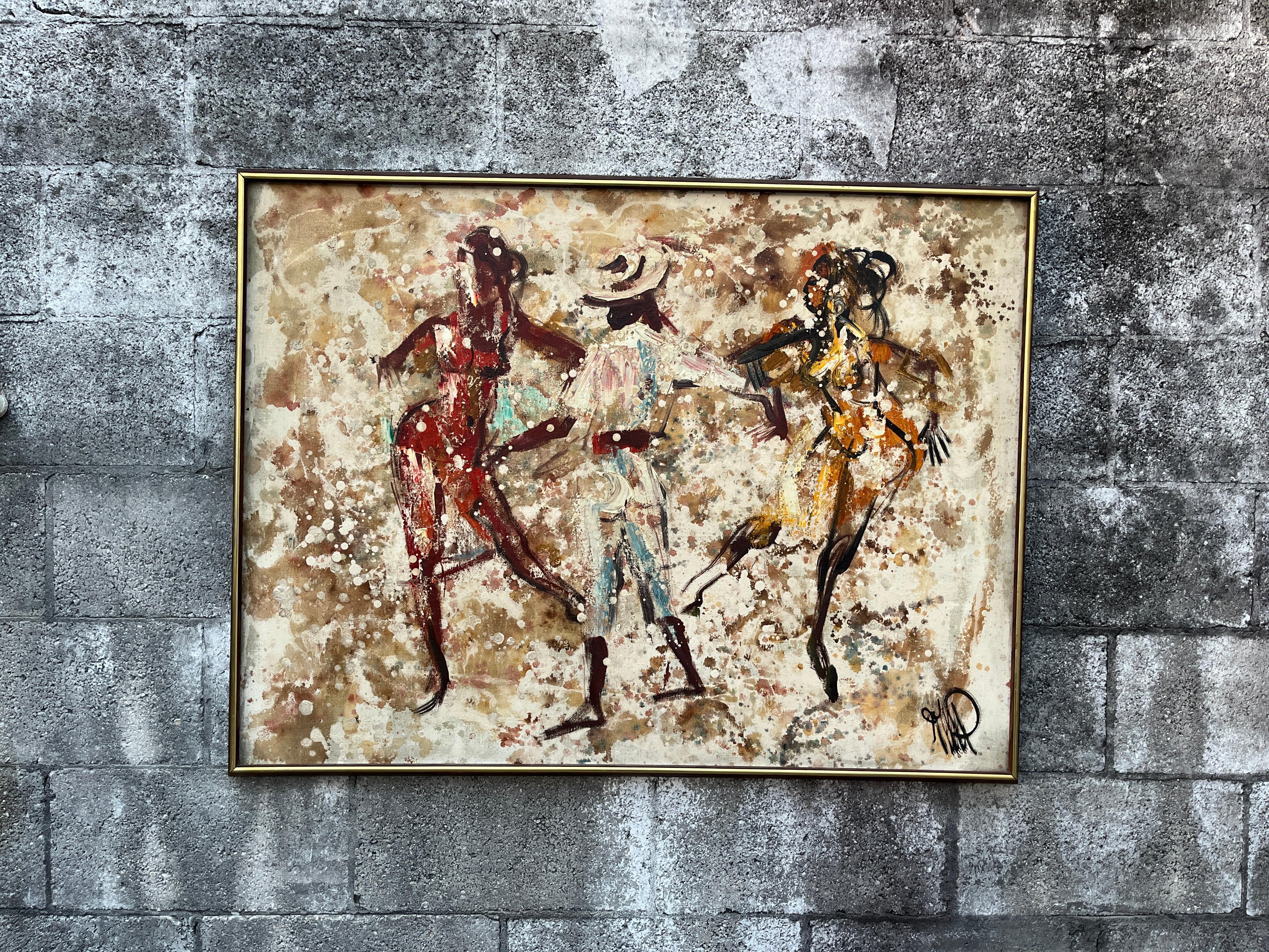 Abstraktes Mid Century Modernes gerahmtes Original Ölgemälde auf Leinwand. Circa 1960er Jahre im Angebot 1