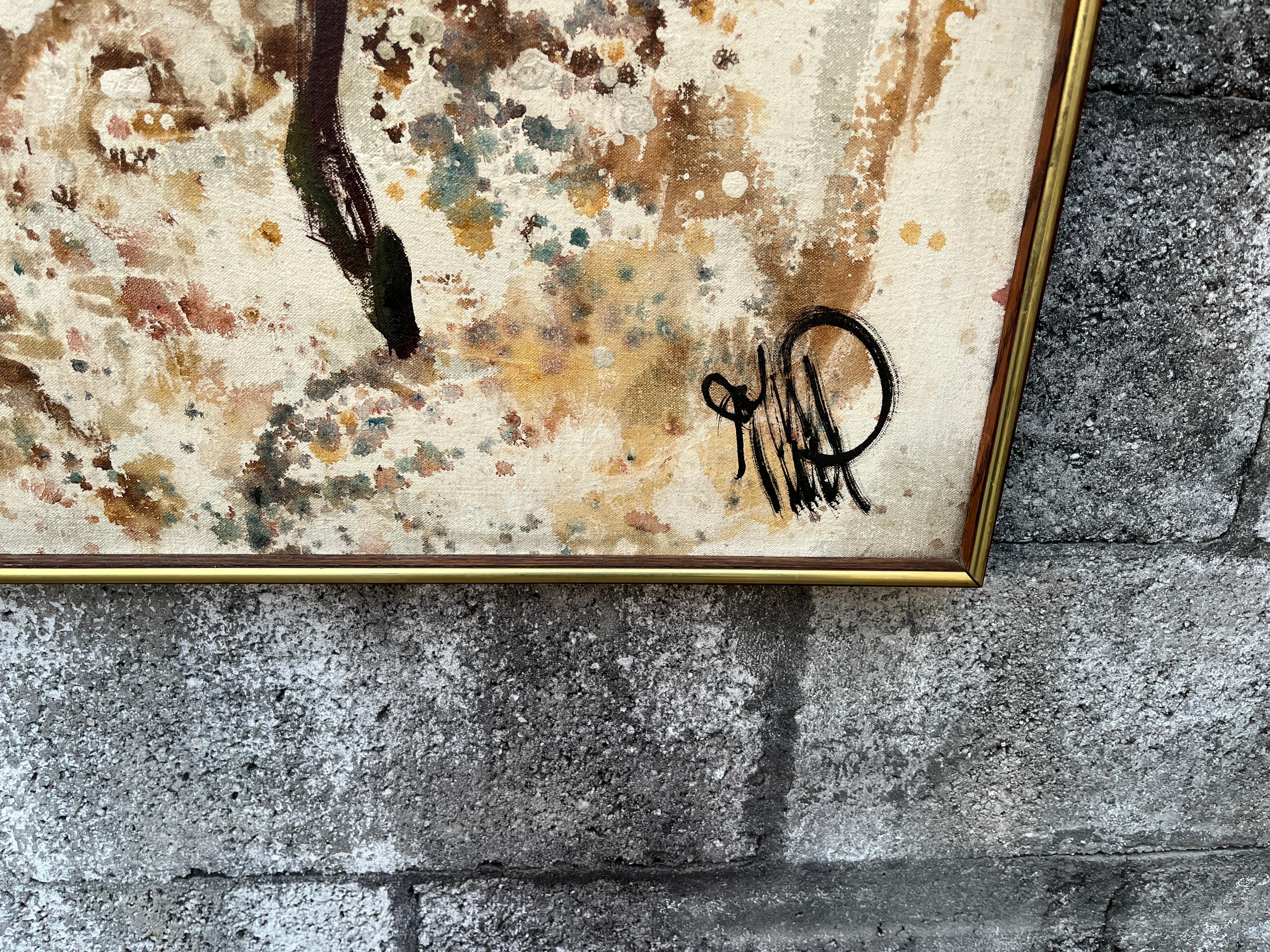 Abstraktes Mid Century Modernes gerahmtes Original Ölgemälde auf Leinwand. Circa 1960er Jahre im Angebot 2