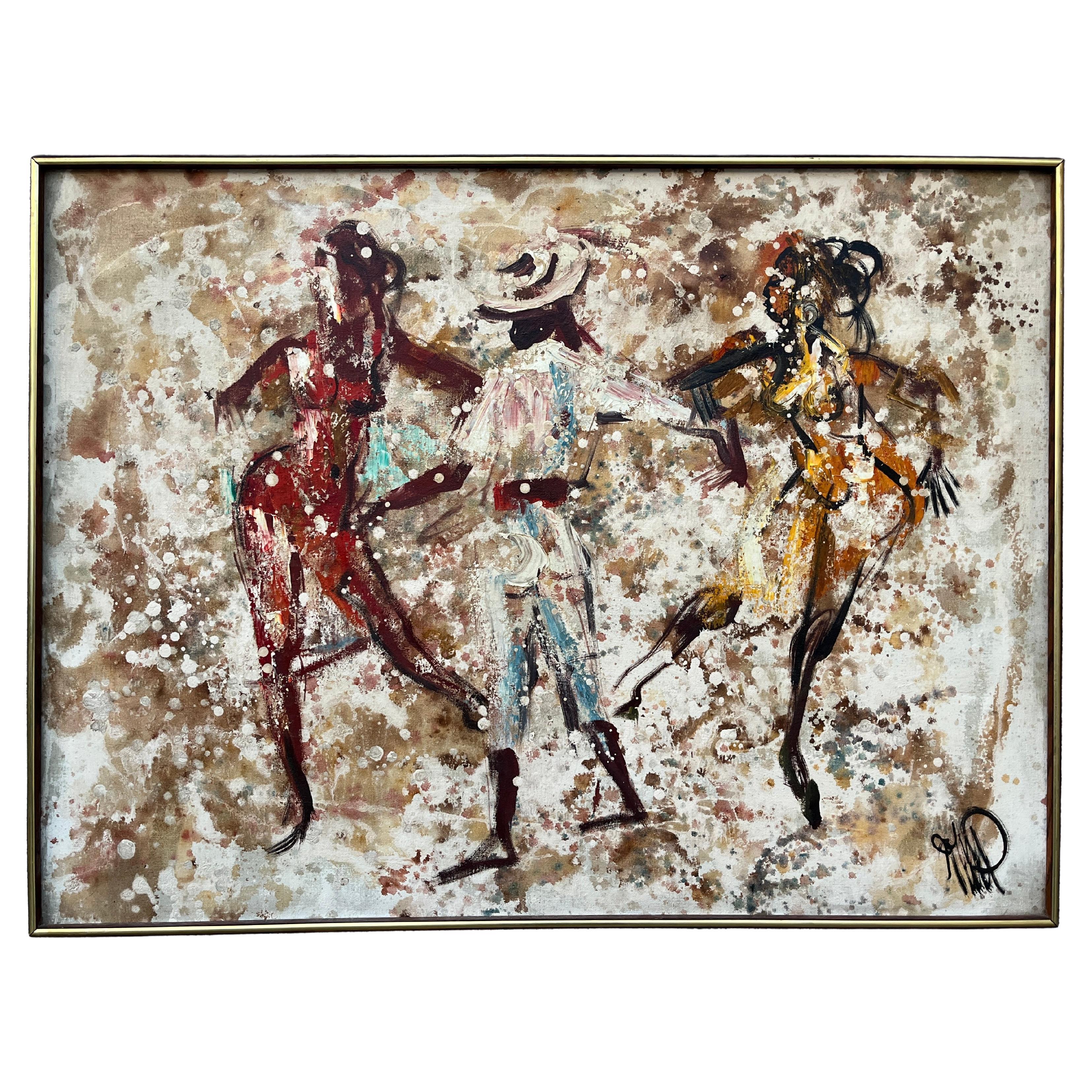 Abstraktes Mid Century Modernes gerahmtes Original Ölgemälde auf Leinwand. Circa 1960er Jahre