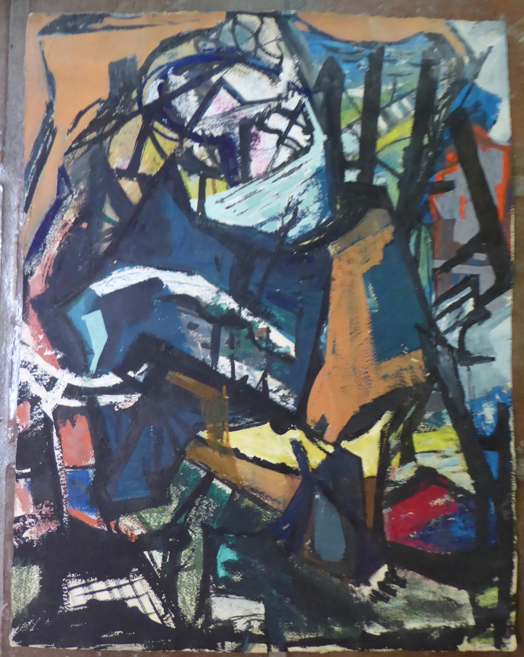 Quadro astratto di metà secolo moderno senza cornice Caseina su carta d'arte dell'artista newyorkese degli anni '50. Sebbene non sia firmato, si può dire che questo lavoro è stato realizzato da un pittore esperto.  L'opera ha una bella composizione