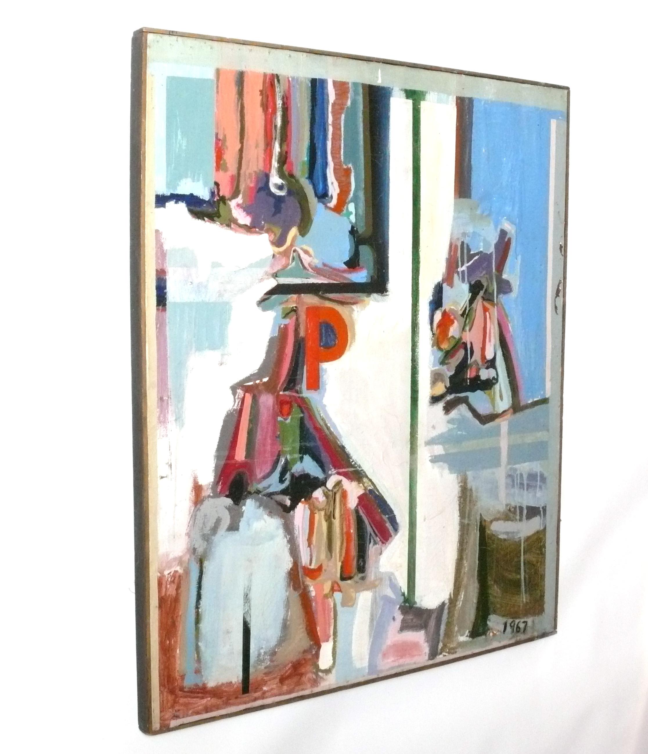 Großes farbenfrohes abstraktes Ölgemälde, signiert Wiggen, Amerikaner, um 1967. Es misst eine beeindruckende Höhe von 44,5