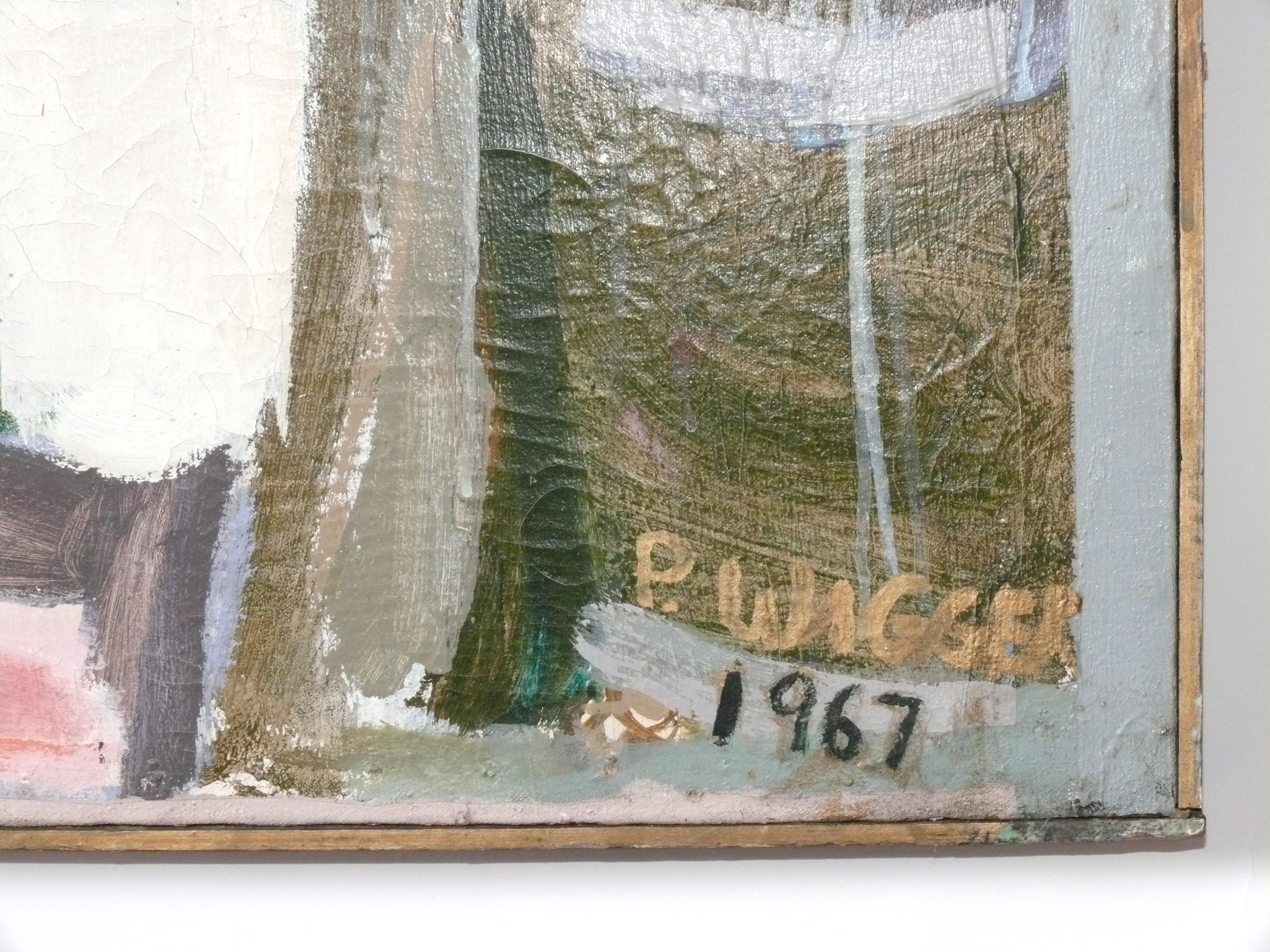 Abstrakte Mid Century Modern Gemälde signiert Wiggen 44