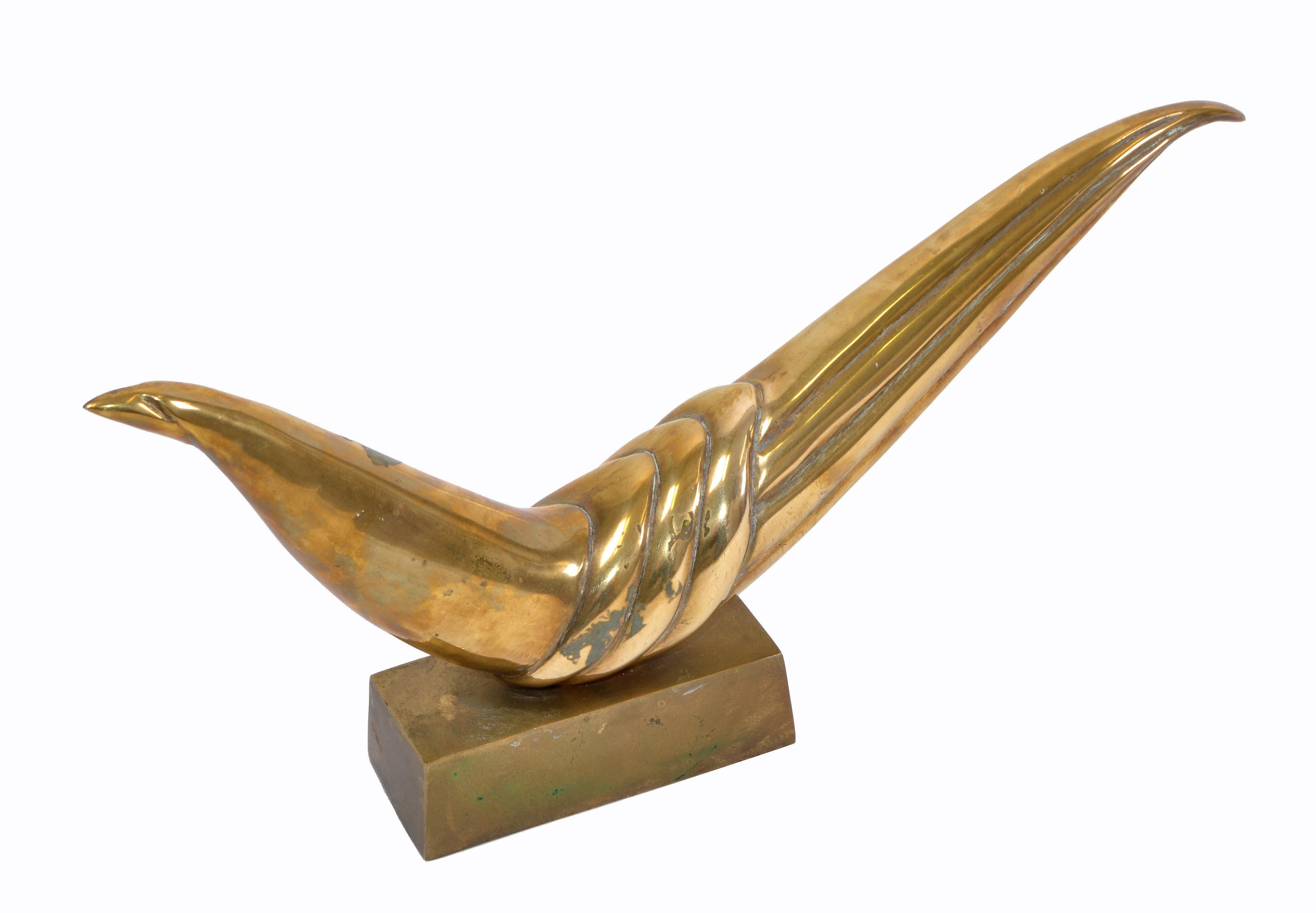 Abstract Mid-Century Modern patinated brass bird on bronze base.
  
