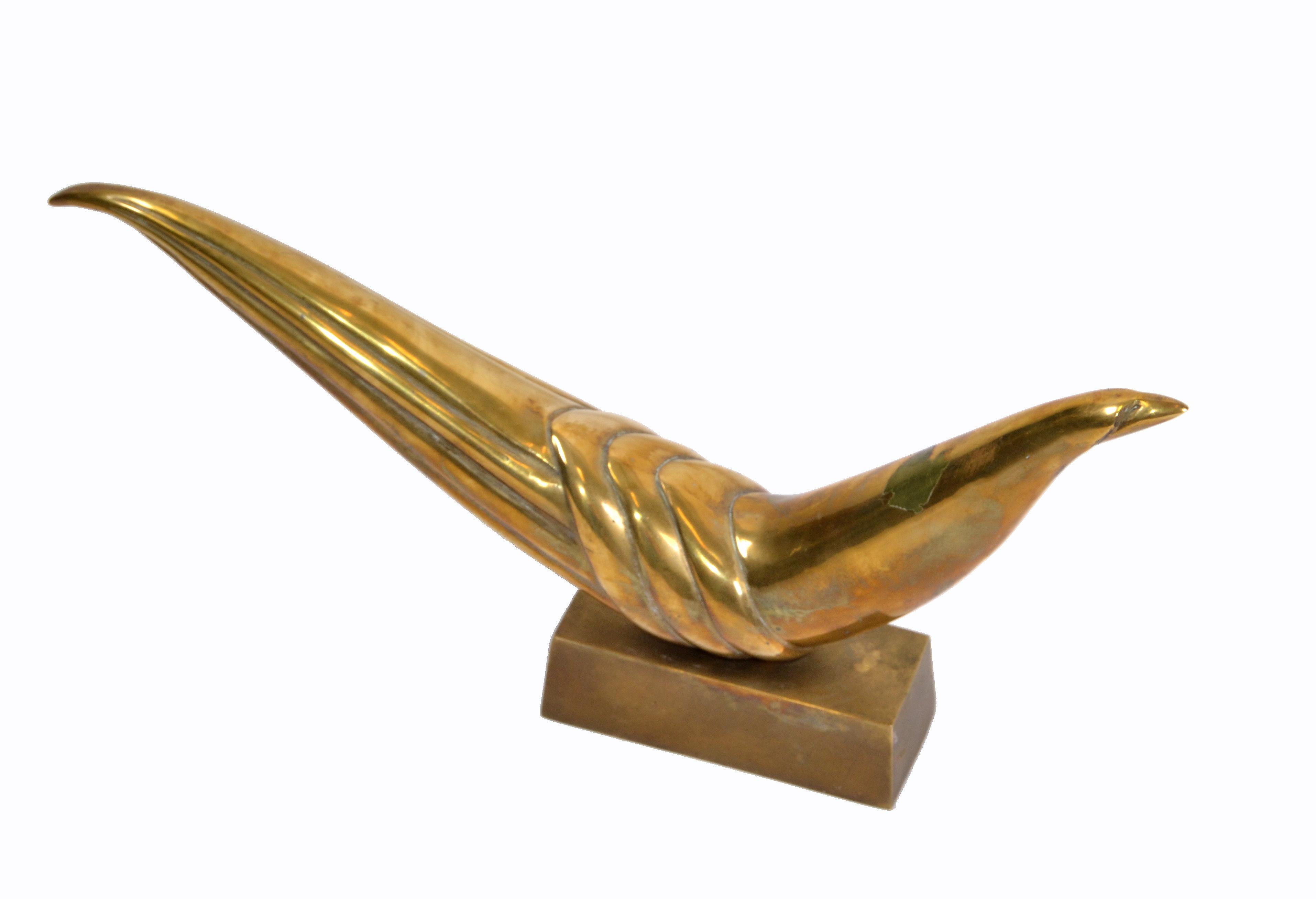 American Abstract Mid-Century Modern Patinated Brass Bird on Bronze Base