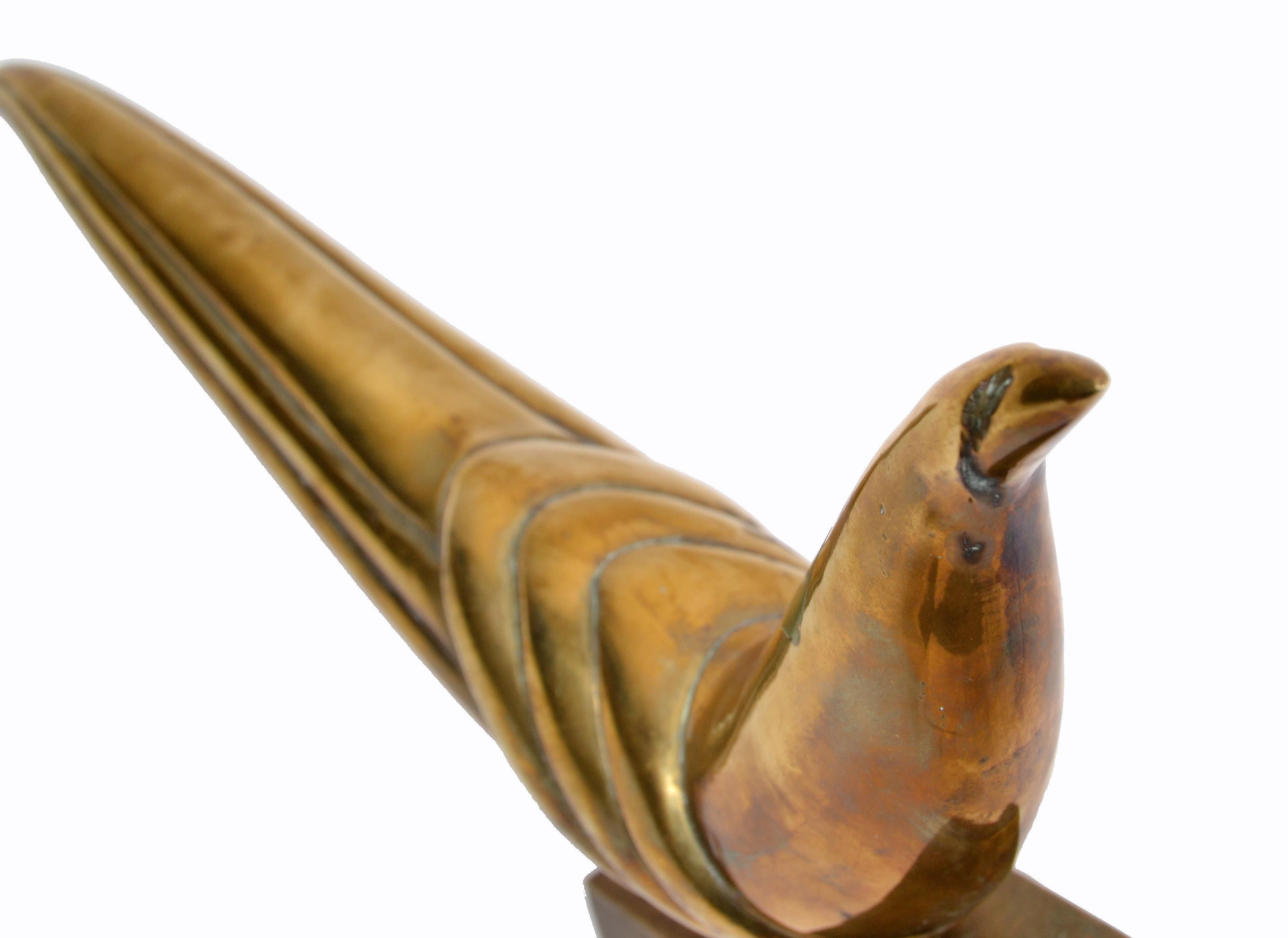 Cast Abstract Mid-Century Modern Patinated Brass Bird on Bronze Base